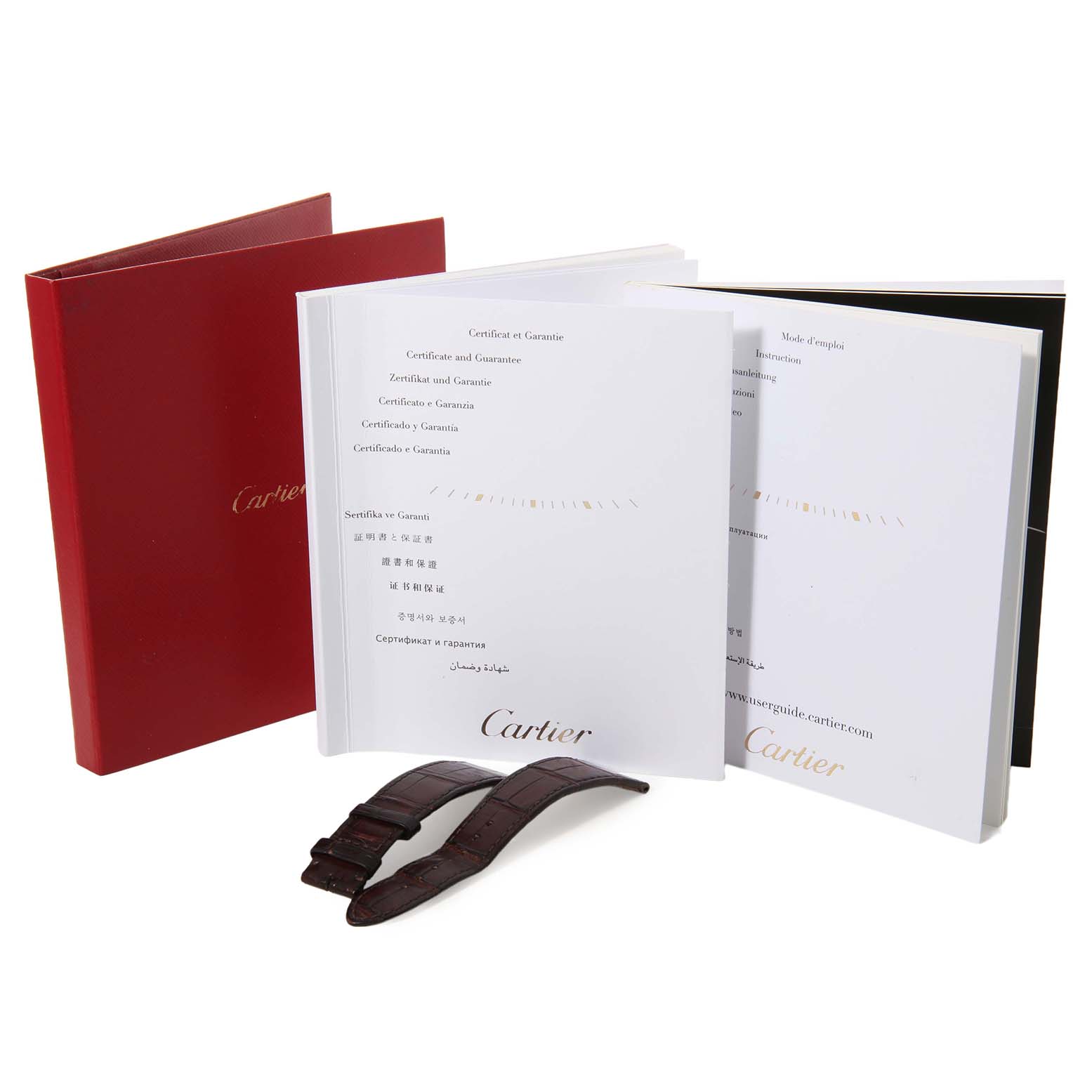 The image shows Cartier Tank Louis W1560017 Men's Rose Gold Silver Dial model accessories including manuals, certificates, and a leather strap.