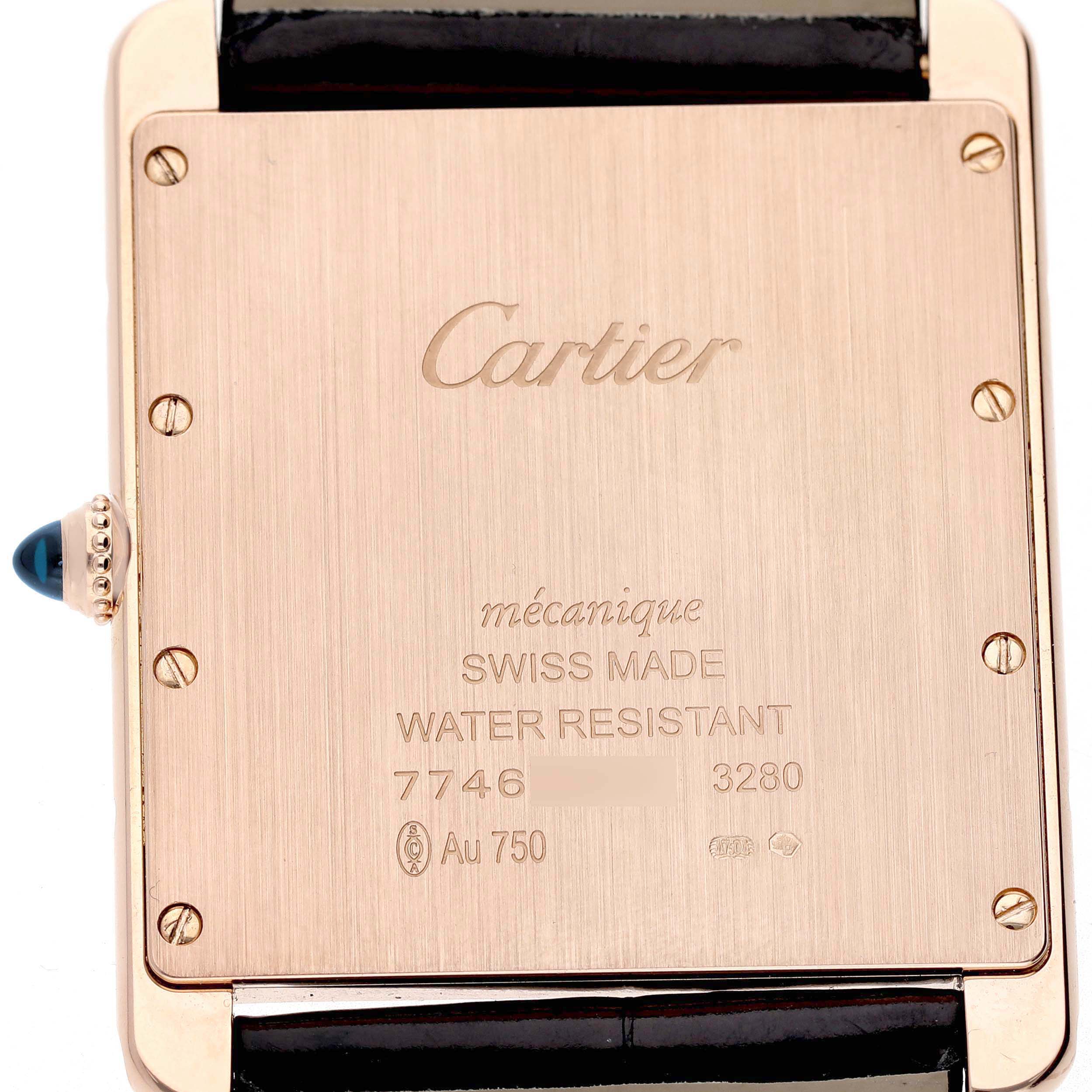 The image shows the back of a Cartier Tank Louis W1560017 Men's Rose Gold Silver Dial watch, highlighting the case back with engravings and the side view of the crown.