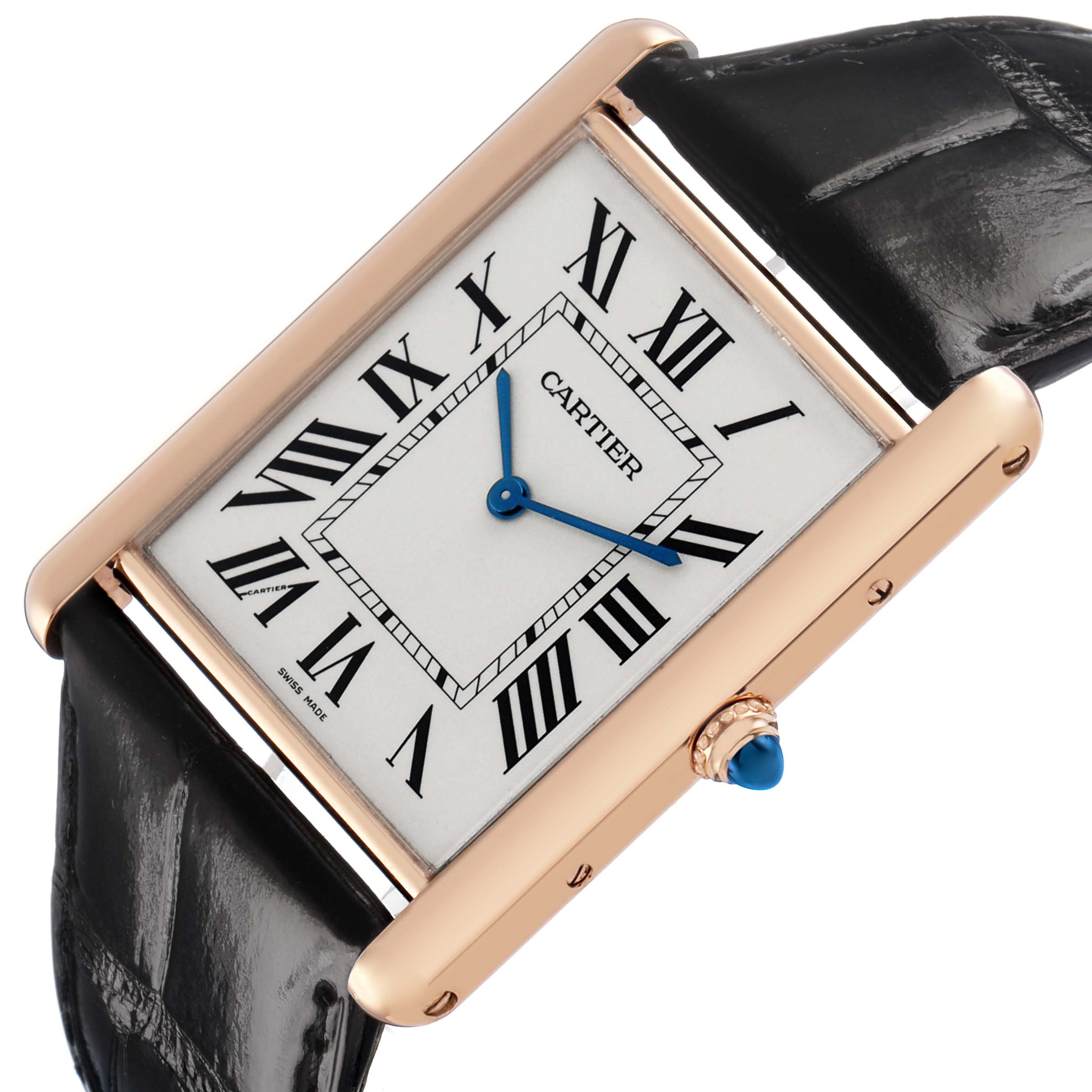 The image shows a Cartier Tank Louis W1560017 Men's Rose Gold Silver Dial watch at a three-quarter angle, highlighting the face, black strap, and blue cabochon crown.
