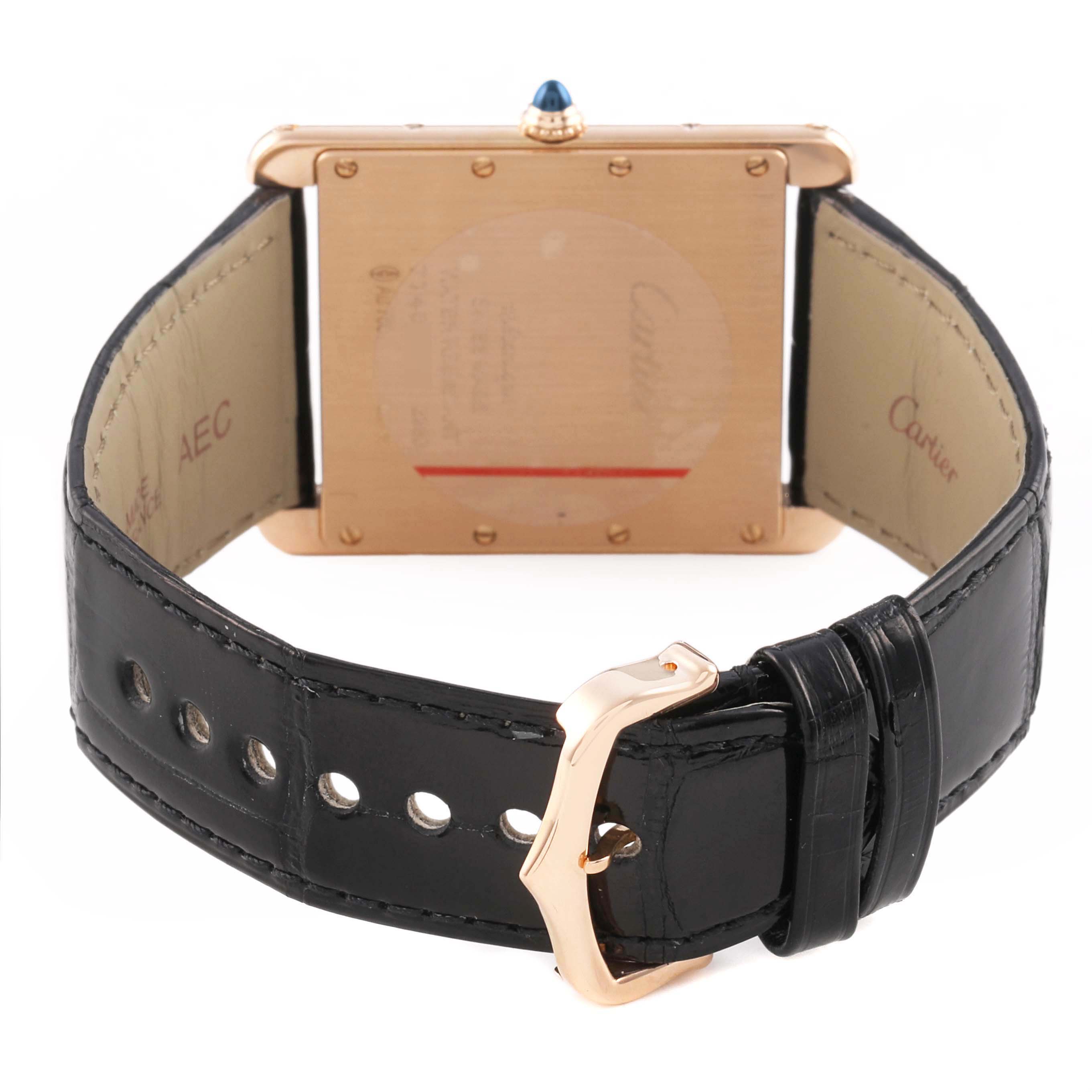 The image shows the back view of the Cartier Tank Louis W1560017 Men's Rose Gold Silver Dial watch, highlighting the leather strap and clasp.