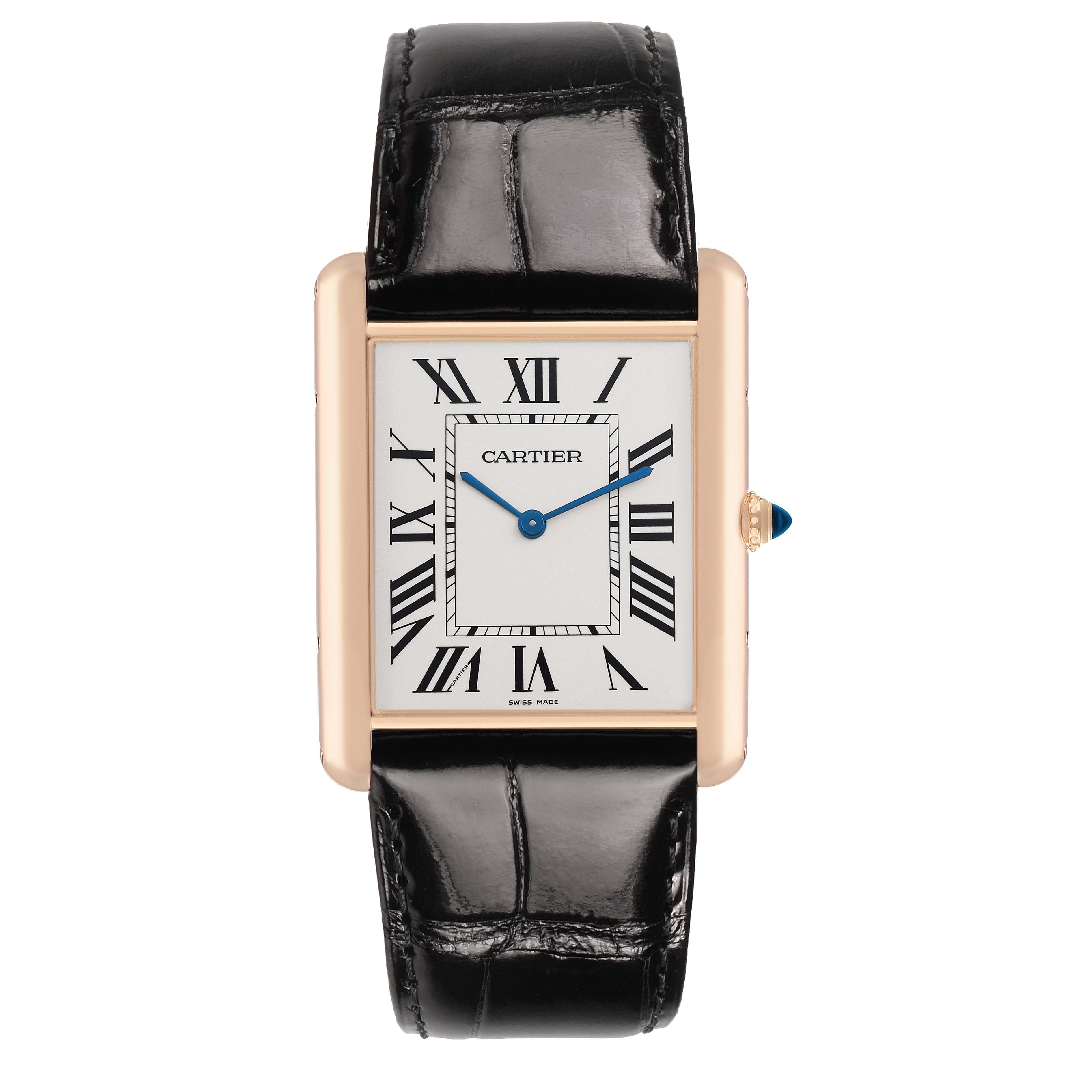 The Cartier Tank Louis W1560017 Men's Rose Gold Silver Dial watch is shown from the front, displaying the face, strap, and crown.
