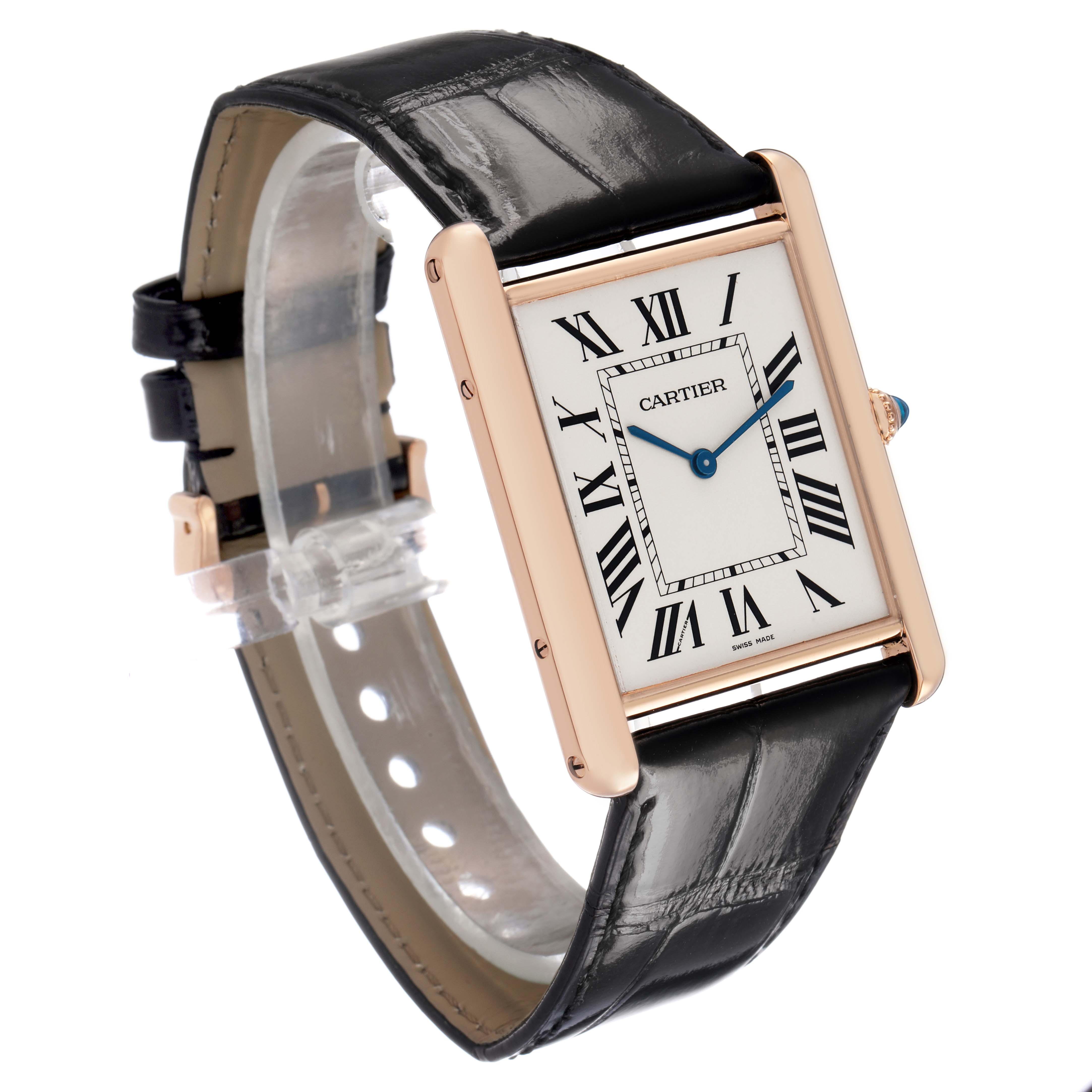 The Cartier Tank Louis W1560017 Men's Rose Gold Silver Dial watch is shown at an angled side view, highlighting its rectangular face and black leather strap.