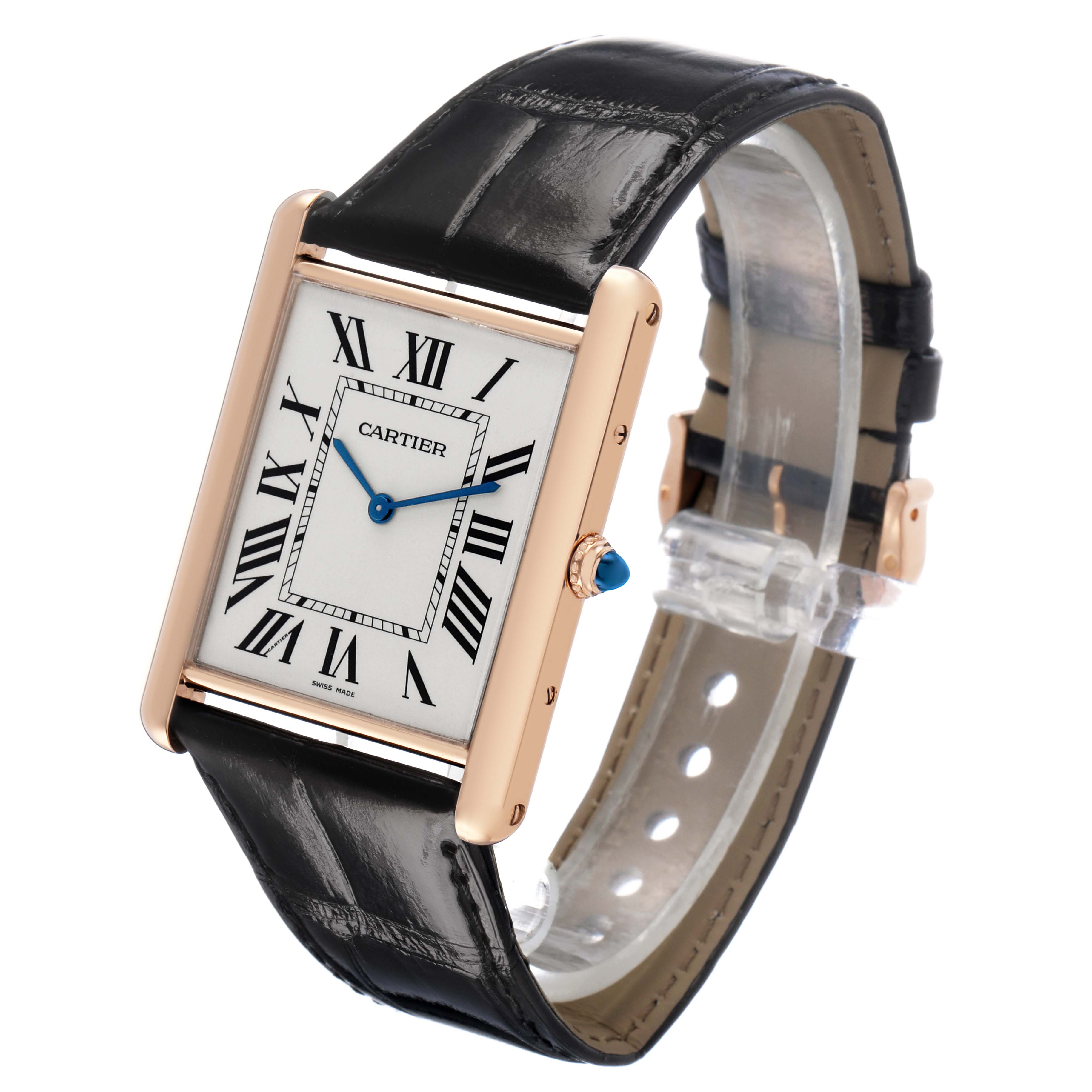 The Cartier Tank Louis W1560017 Men's Rose Gold Silver Dial watch is shown at an oblique angle, displaying the face, strap, and crown.