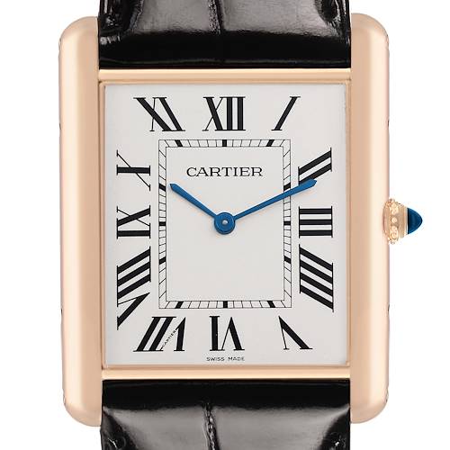 The Cartier Tank Louis W1560017 Men's Rose Gold Silver Dial watch is shown from the front, highlighting its rectangular face, blue hands, and Roman numerals.
