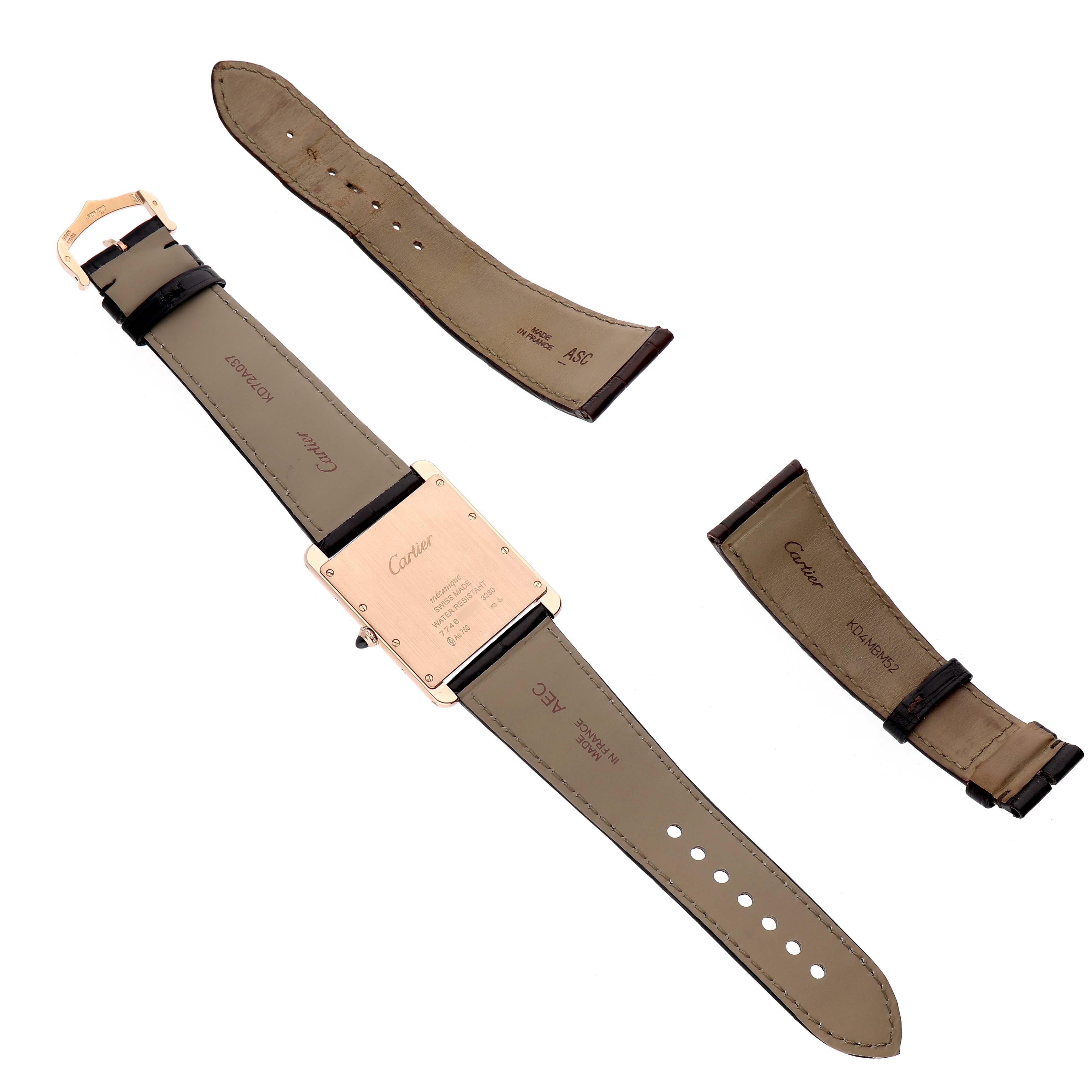 The image shows a Cartier Tank Louis W1560017 Men's Rose Gold Silver Dial watch from the back, along with two separate brown leather strap pieces.