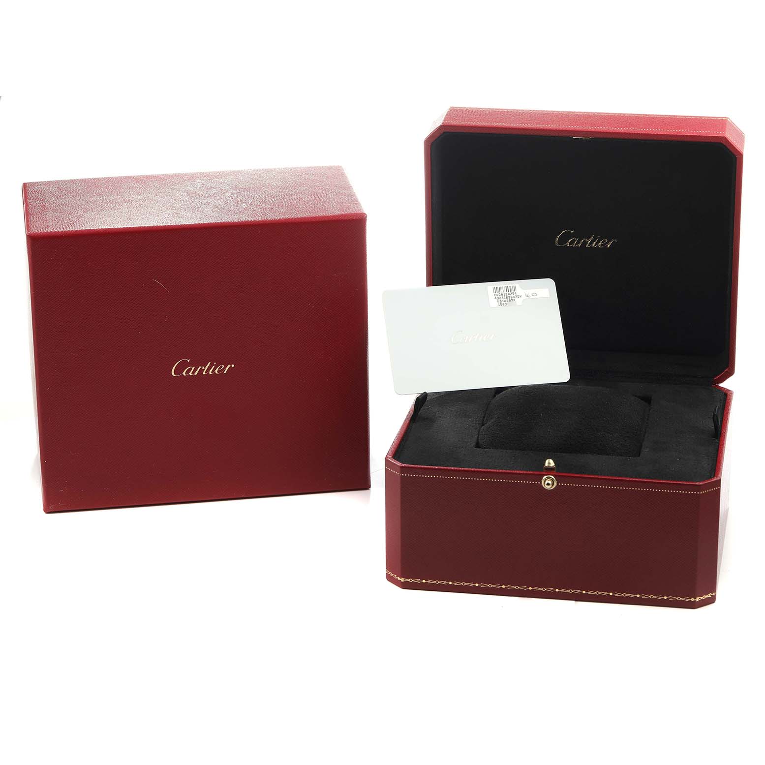 The image shows open and closed red Cartier boxes for the Tank Must model, with a card inside the open box.
