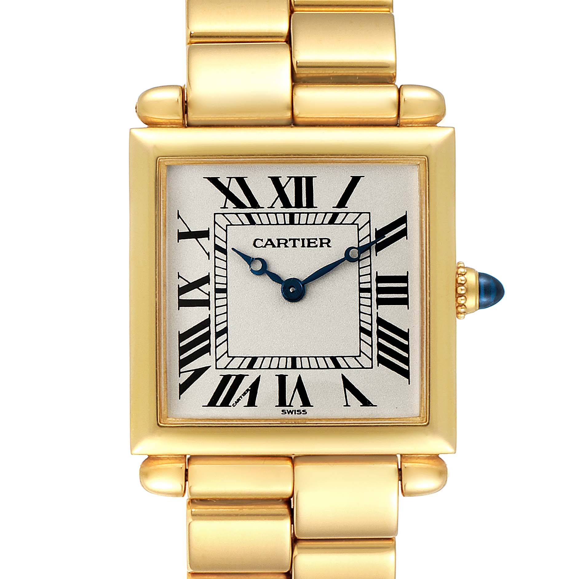 The image shows a front view of a Cartier Tank Obus 1630 Women's Yellow Gold Silver Dial 1630 Women's Yellow Gold Silver Dial watch, highlighting its rectangular gold case, Roman numeral dial, and linked bracelet.