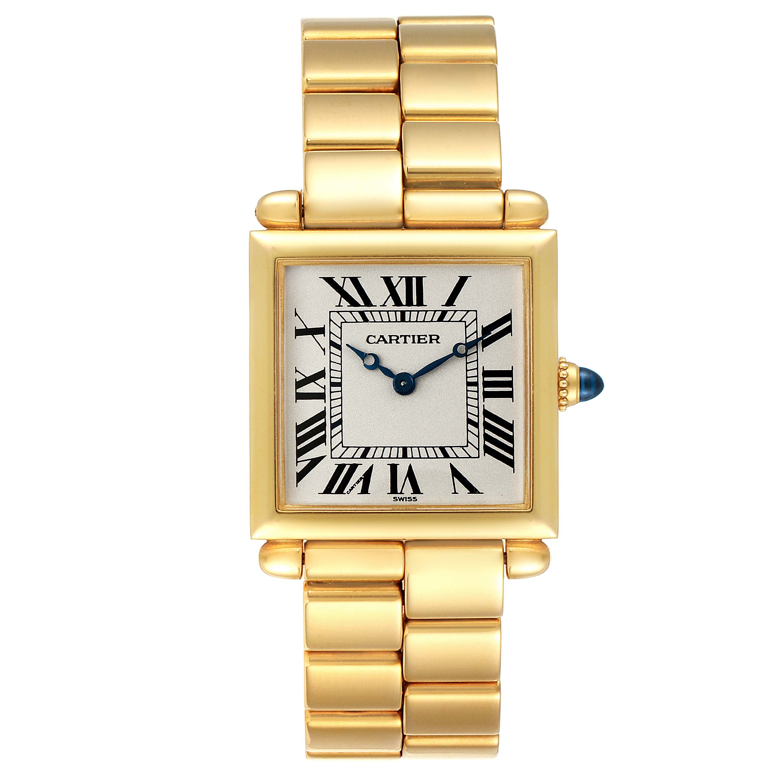 This image shows a front view of a Tank Obus model watch by Cartier, highlighting its gold case, bracelet, and Roman numeral dial.