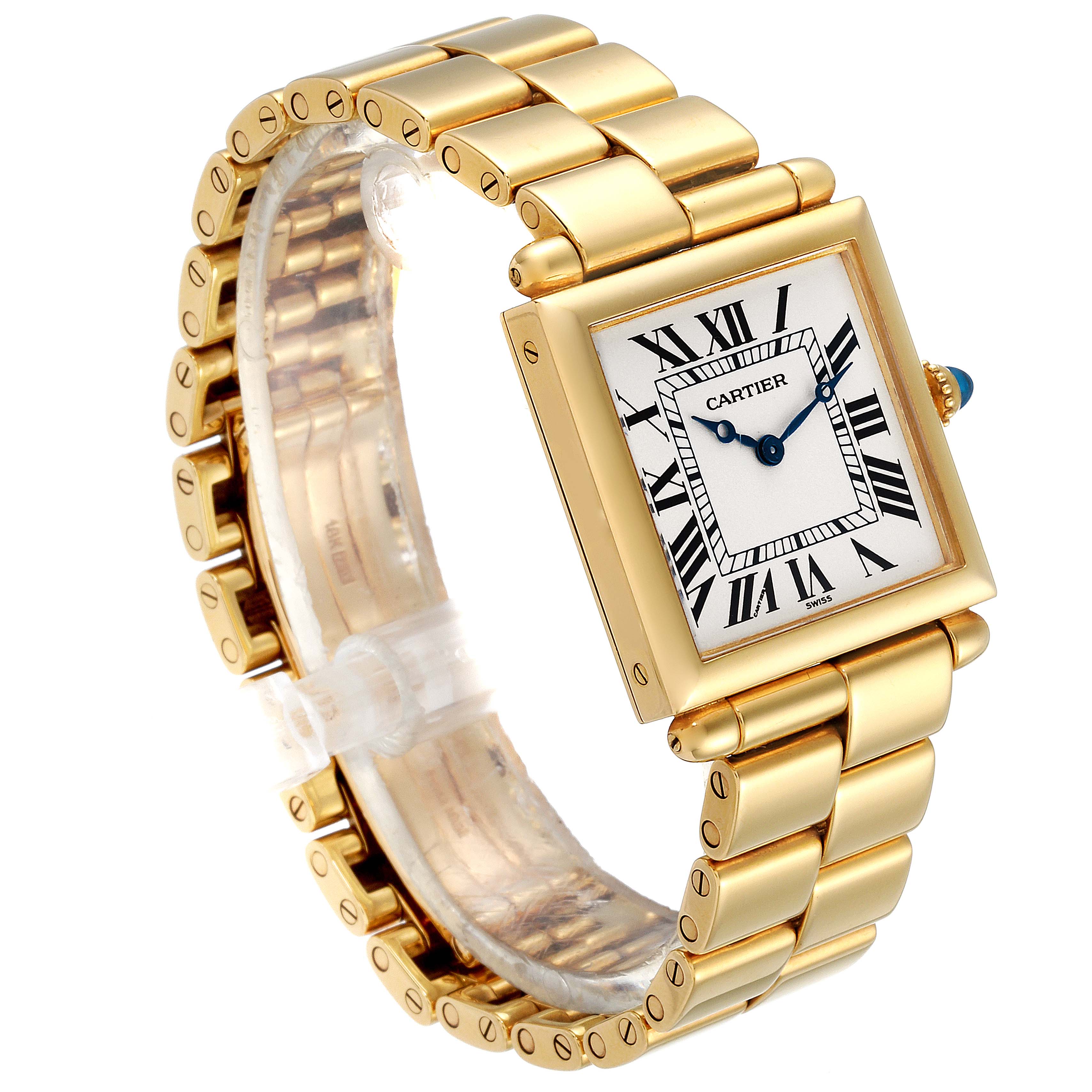 The image shows a Cartier Tank Obus 1630 Women's Yellow Gold Silver Dial 1630 Women's Yellow Gold Silver Dial watch at a slight angle, highlighting its gold bracelet, rectangular case, and Roman numeral dial.