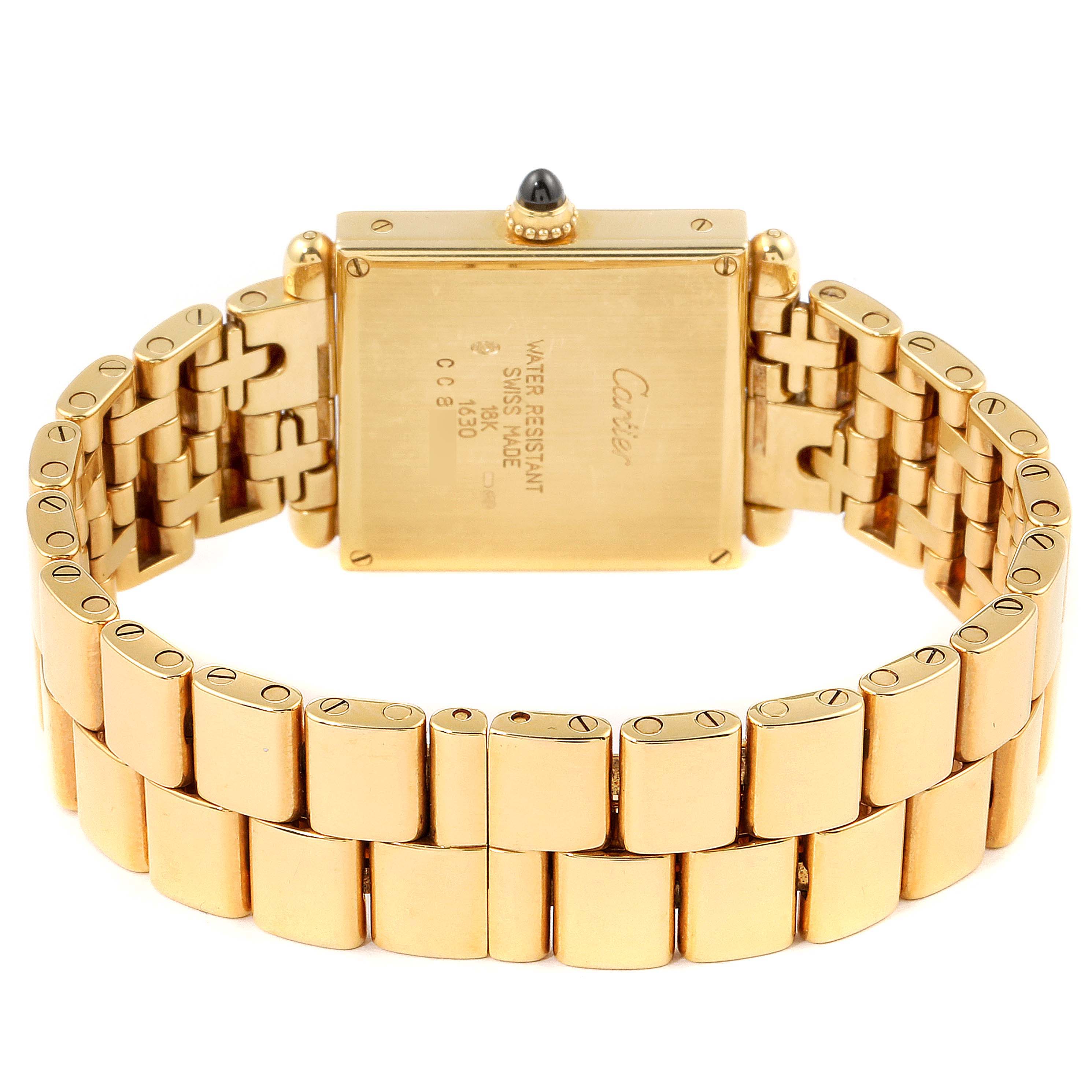 The image shows the back view of the Cartier Tank Obus 1630 Women's Yellow Gold Silver Dial 1630 Women's Yellow Gold Silver Dial watch, highlighting the gold bracelet and case details.