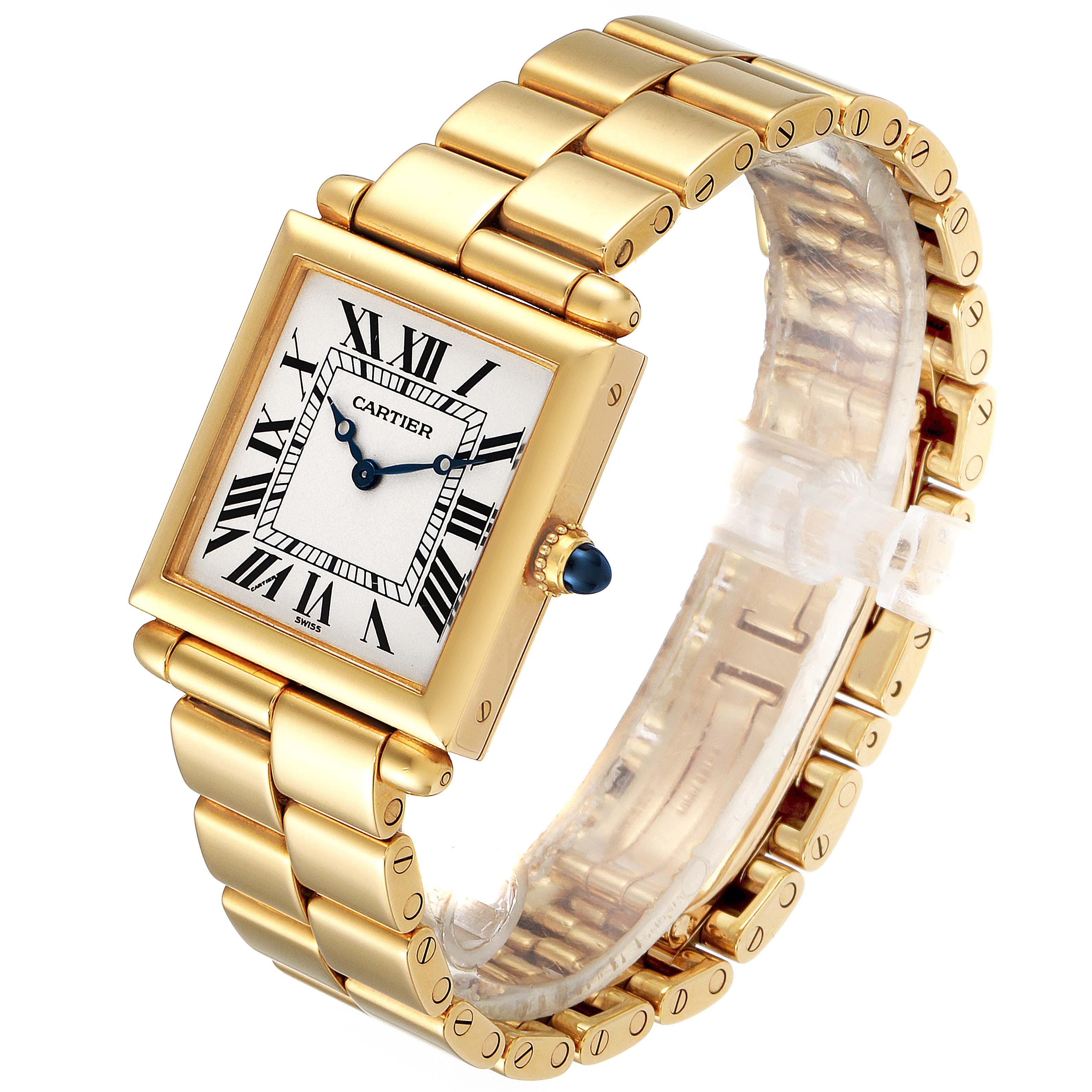 This Cartier Tank Obus 1630 Women's Yellow Gold Silver Dial 1630 Women's Yellow Gold Silver Dial model watch is shown at a slight angle, displaying its gold case, bracelet, and Roman numeral dial.