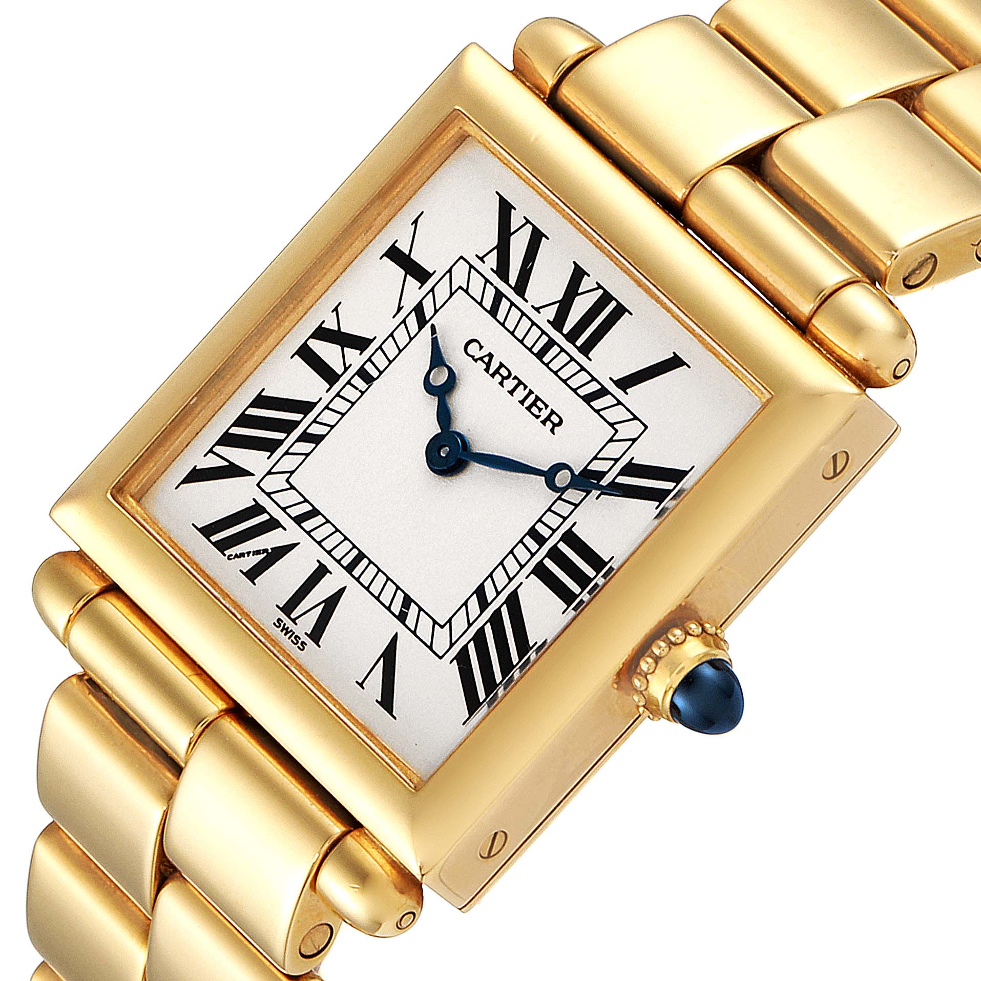The image shows a close-up angled view of a Cartier Tank Obus 1630 Women's Yellow Gold Silver Dial 1630 Women's Yellow Gold Silver Dial watch, highlighting the face, hands, crown, and bracelet.