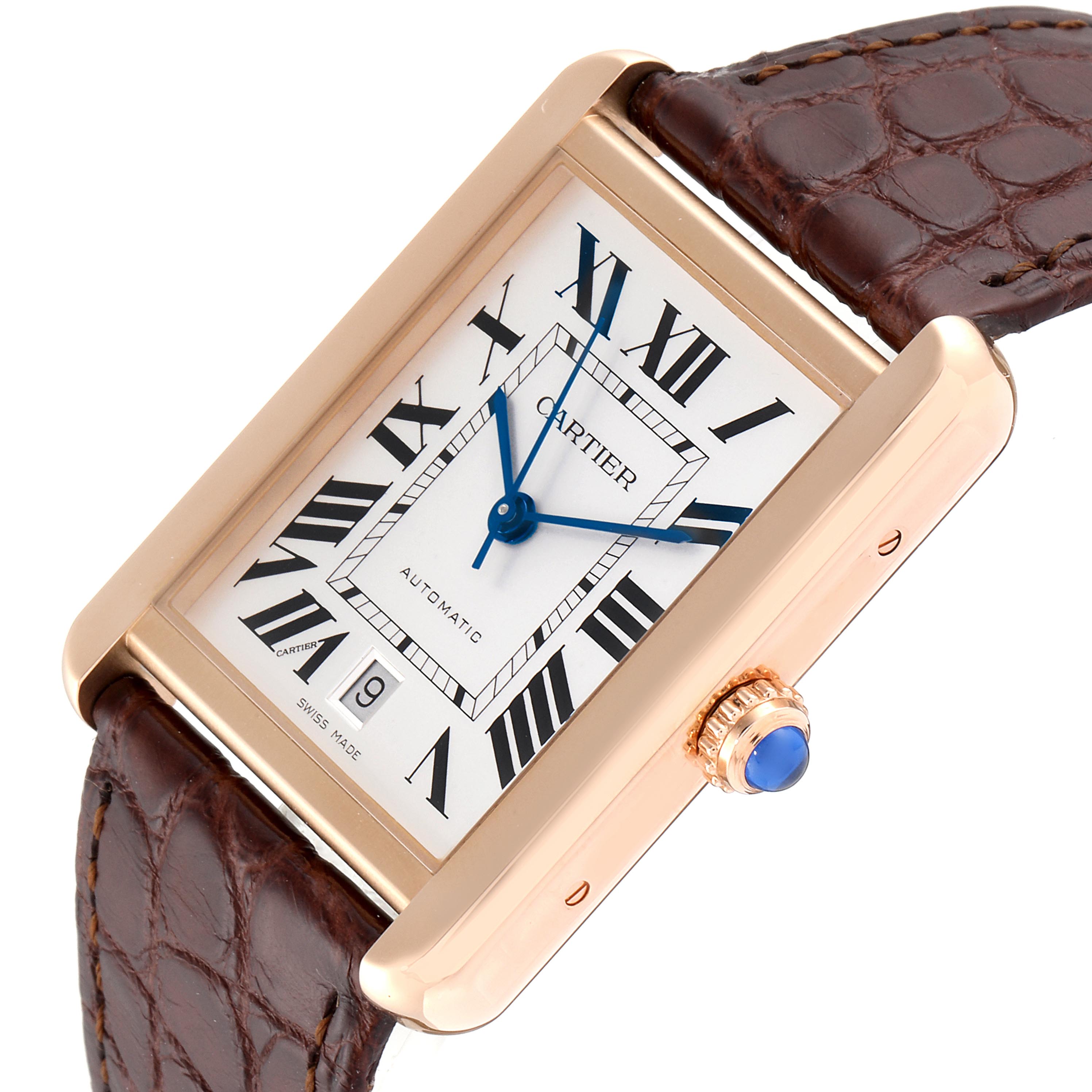 The image shows a Cartier Tank Solo W5200026 Men
s Rose Gold Silver Dial W5200026 Men
s Rose Gold Silver Dial watch at an angle, highlighting its rectangular face, Roman numerals, leather strap, and blue cabochon crown.