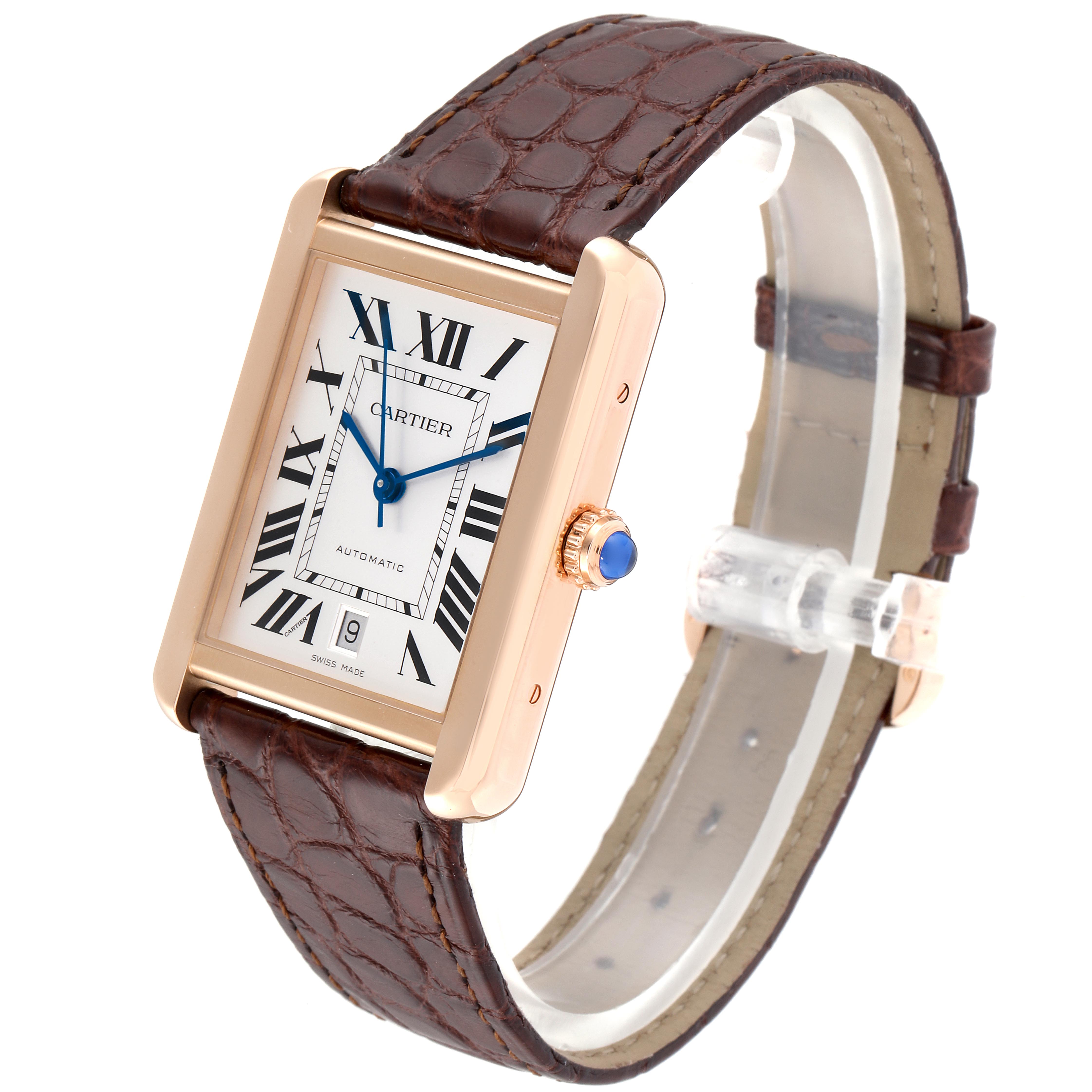 The Cartier Tank Solo W5200026 Men
s Rose Gold Silver Dial W5200026 Men
s Rose Gold Silver Dial watch is shown at a three-quarter angle, displaying its Roman numeral dial, crown, and brown leather strap.