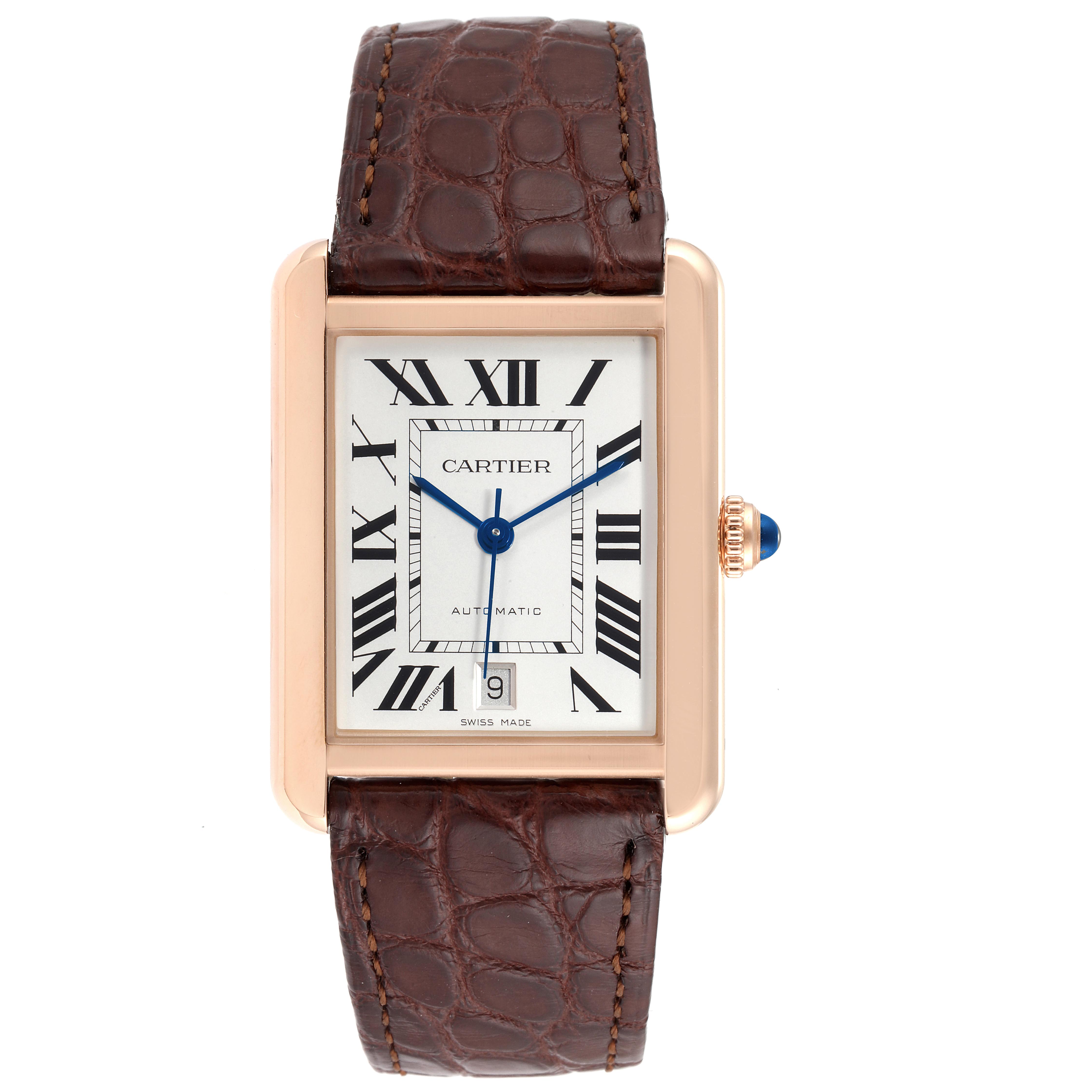 This is a front view of the Cartier Tank Solo W5200026 Men
s Rose Gold Silver Dial W5200026 Men
s Rose Gold Silver Dial watch, showcasing its rectangular face, Roman numerals, and brown leather strap.