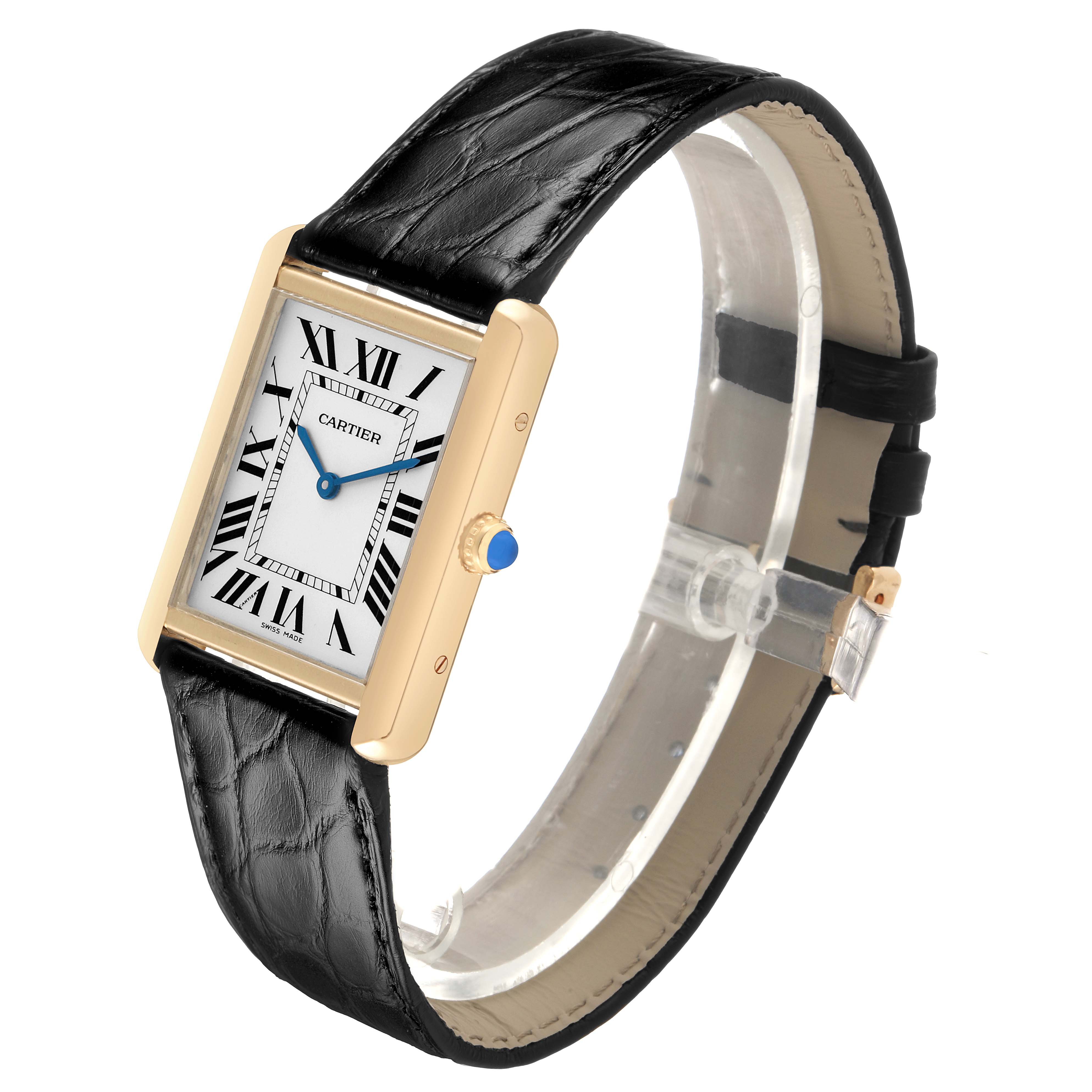 The Cartier Tank Solo W1018855 Men's Yellow Gold Silver Dial watch is shown at an angled side view, highlighting the rectangular face, Roman numerals, and leather strap.
