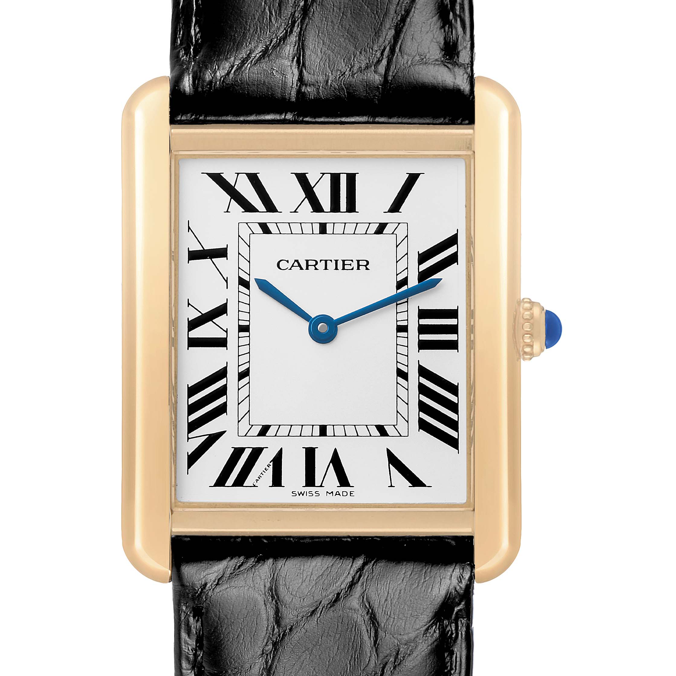 The Cartier Tank Solo W1018855 Men's Yellow Gold Silver Dial watch is shown from the front, highlighting its rectangular face, Roman numerals, and black leather strap.
