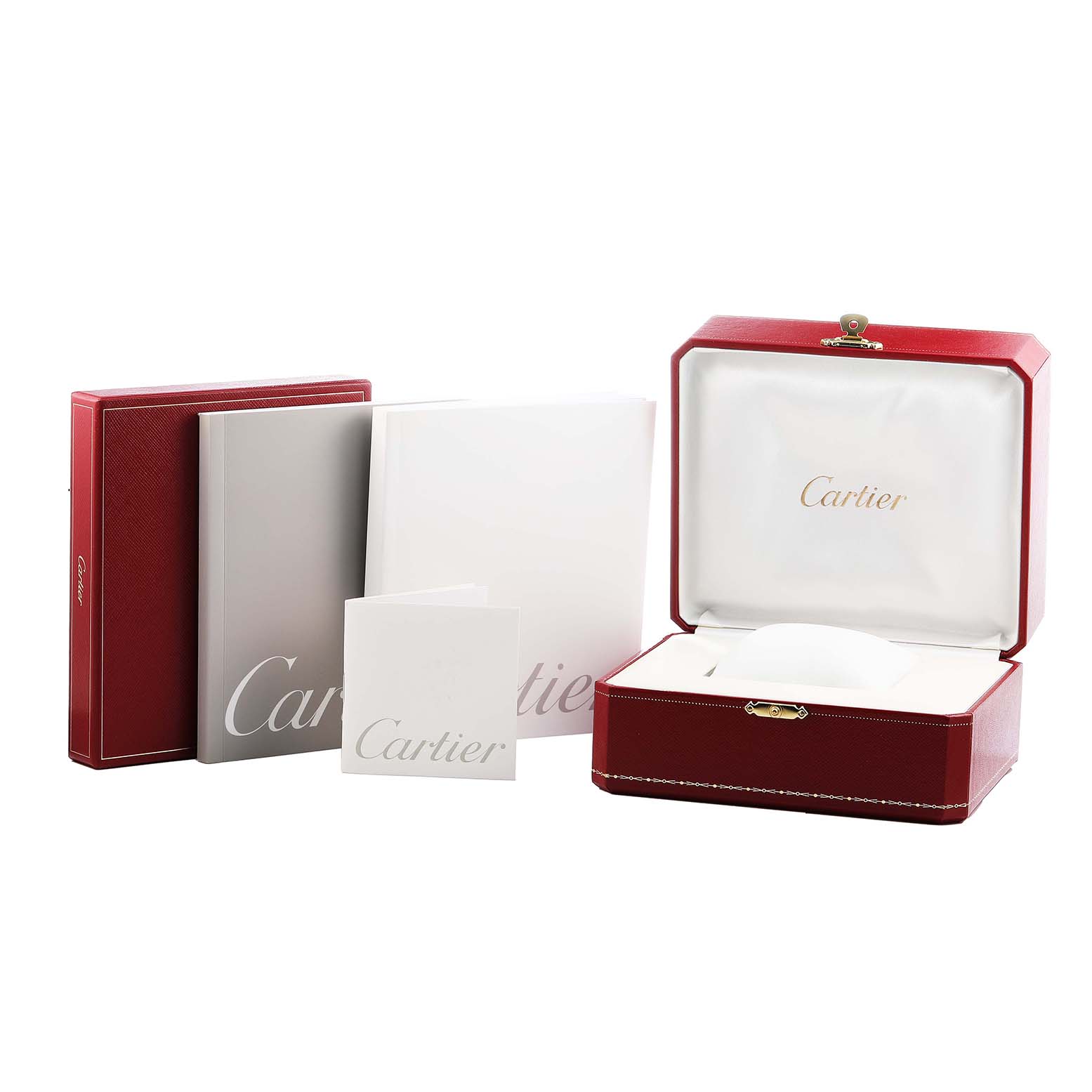 The image shows the Cartier Tank Solo W1018855 Men's Yellow Gold Silver Dial packaging, including a red box and paperwork. The watch itself is not visible.