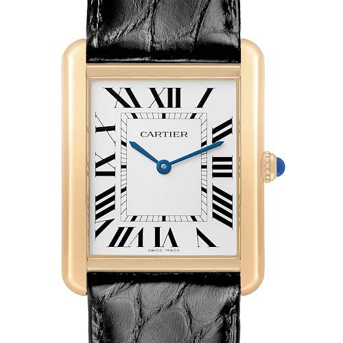 The Cartier Tank Solo W1018855 Men's Yellow Gold Silver Dial watch is shown from the front, displaying the face, Roman numerals, and leather strap.