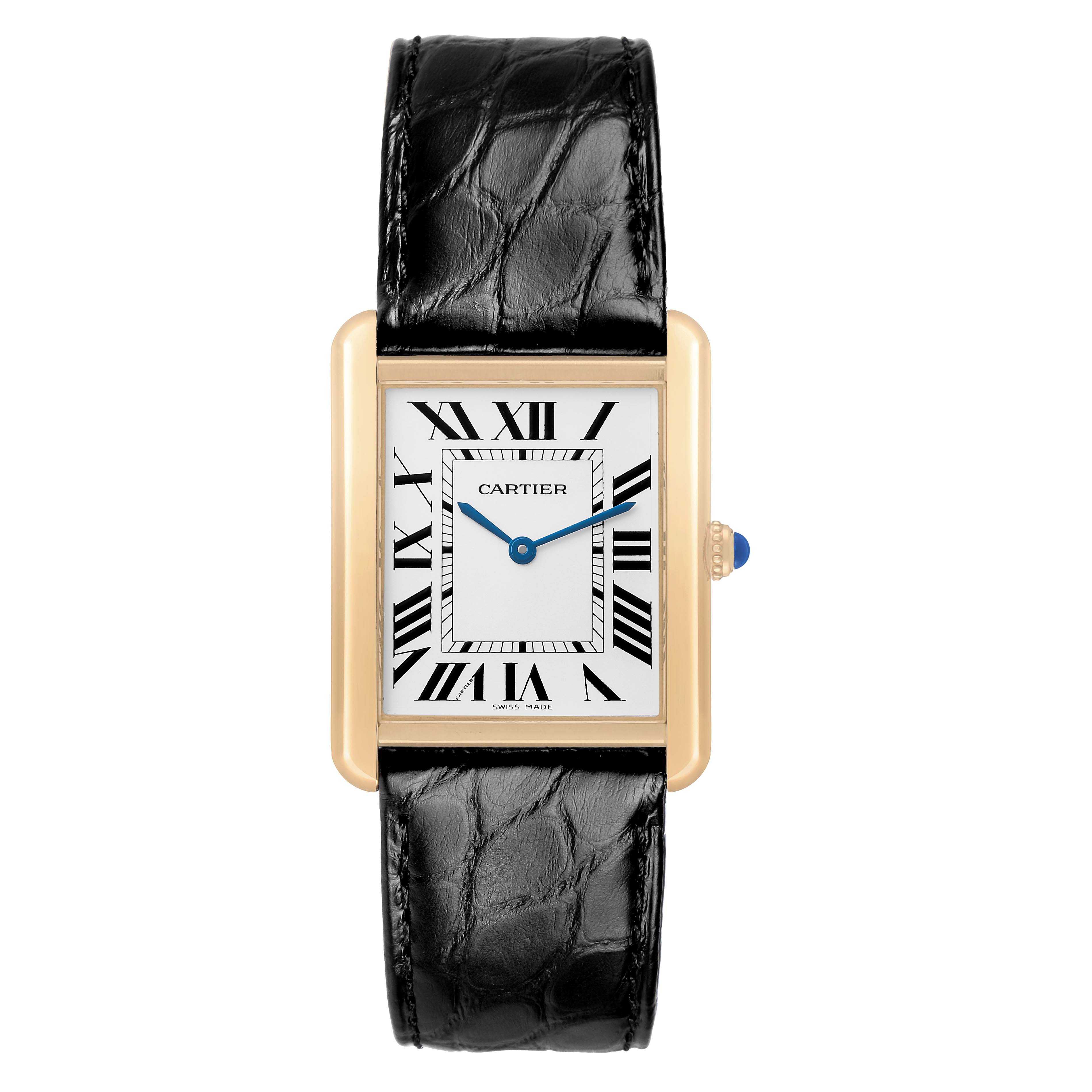 The Cartier Tank Solo W1018855 Men's Yellow Gold Silver Dial watch is shown from a front angle, displaying its rectangular face, black leather strap, and gold casing.