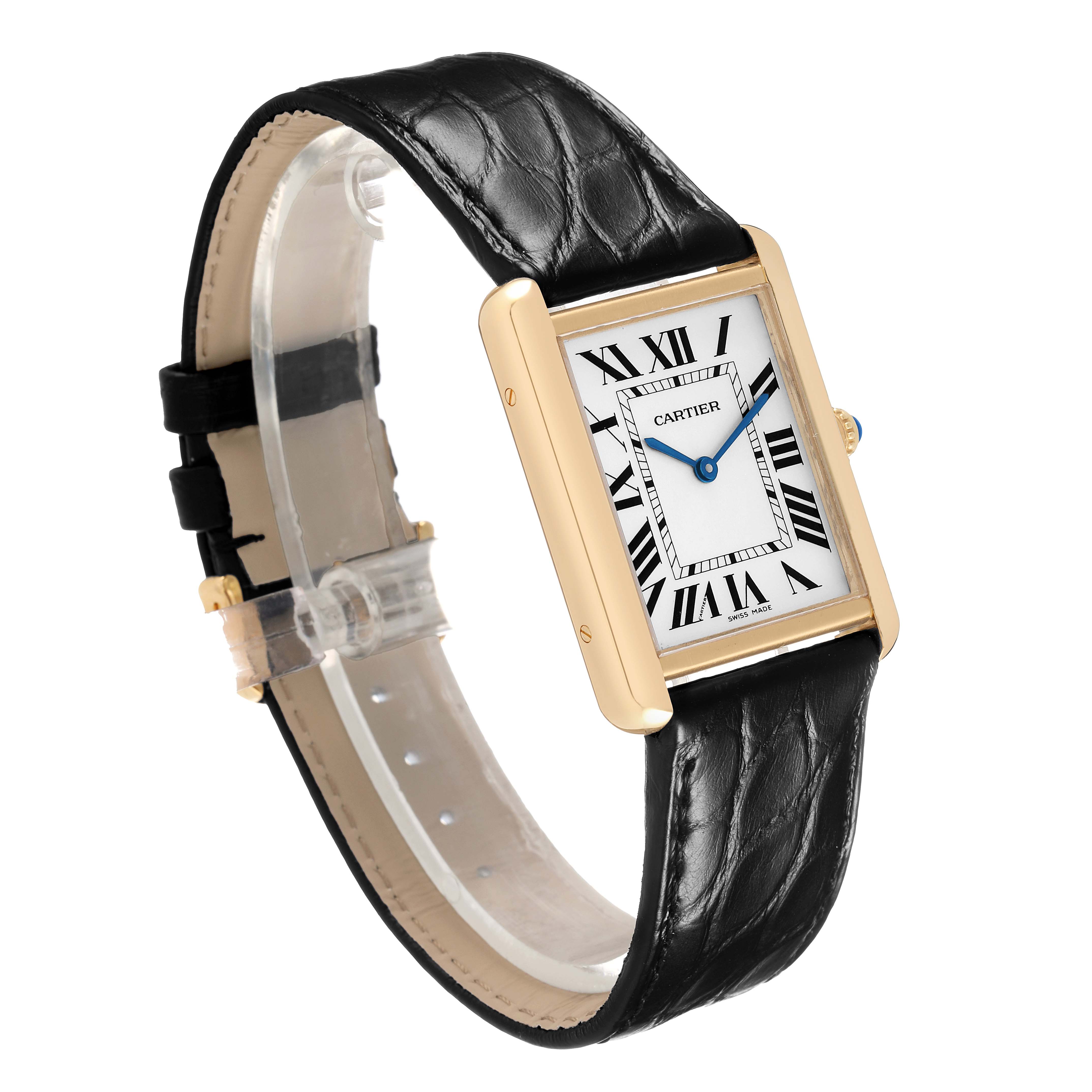 The Cartier Tank Solo W1018855 Men's Yellow Gold Silver Dial watch is shown from a three-quarter angle, highlighting the face, strap, and side.