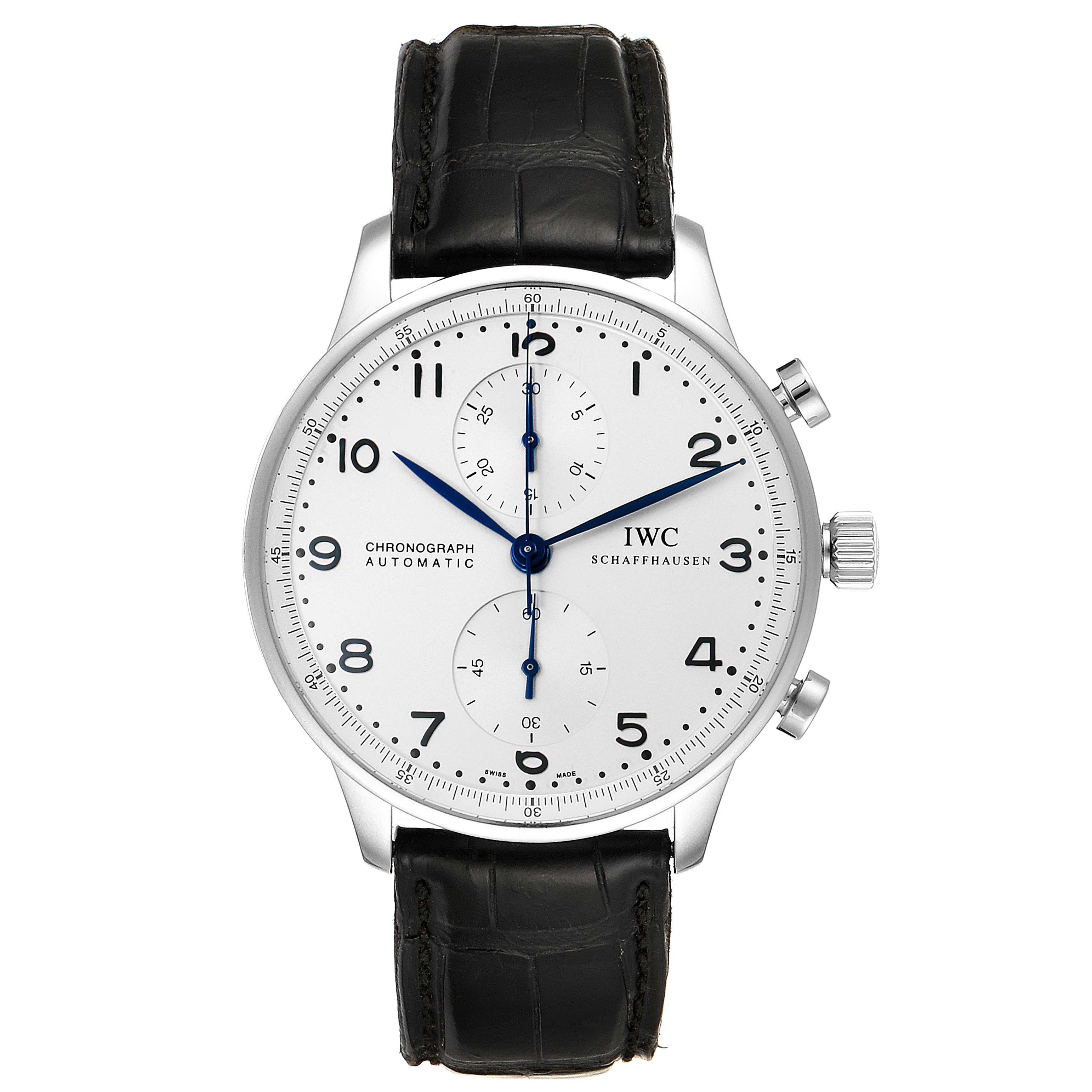The IWC Portuguese IW371446 Men's Stainless Steel Silver Dial IW371446 Men's Stainless Steel Silver Dial model watch is shown from the front, displaying its face, dial, crown, pushers, and black leather strap.