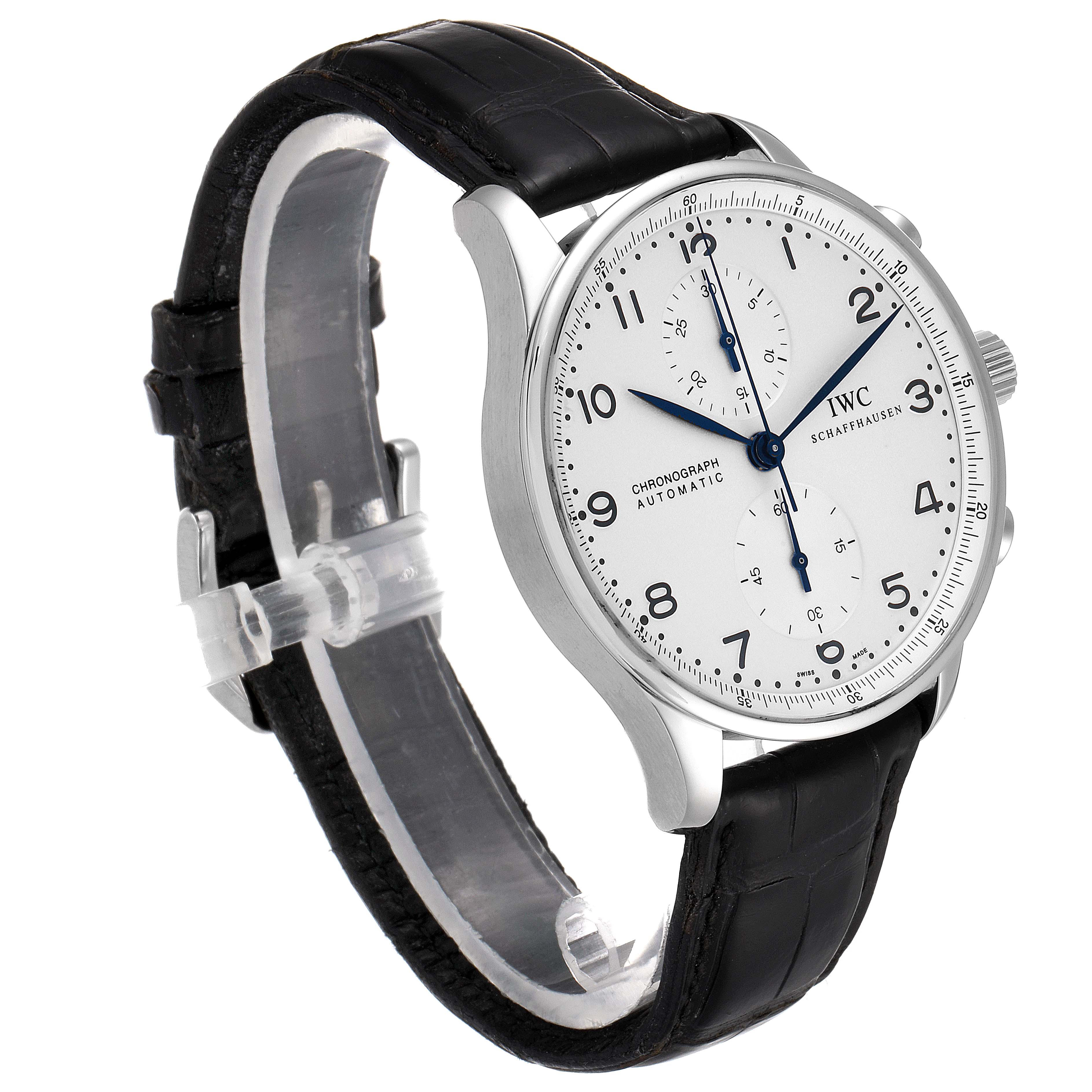 The image shows an IWC Portuguese IW371446 Men's Stainless Steel Silver Dial IW371446 Men's Stainless Steel Silver Dial Chronograph watch from a left-side angle, highlighting its black leather strap and white dial.