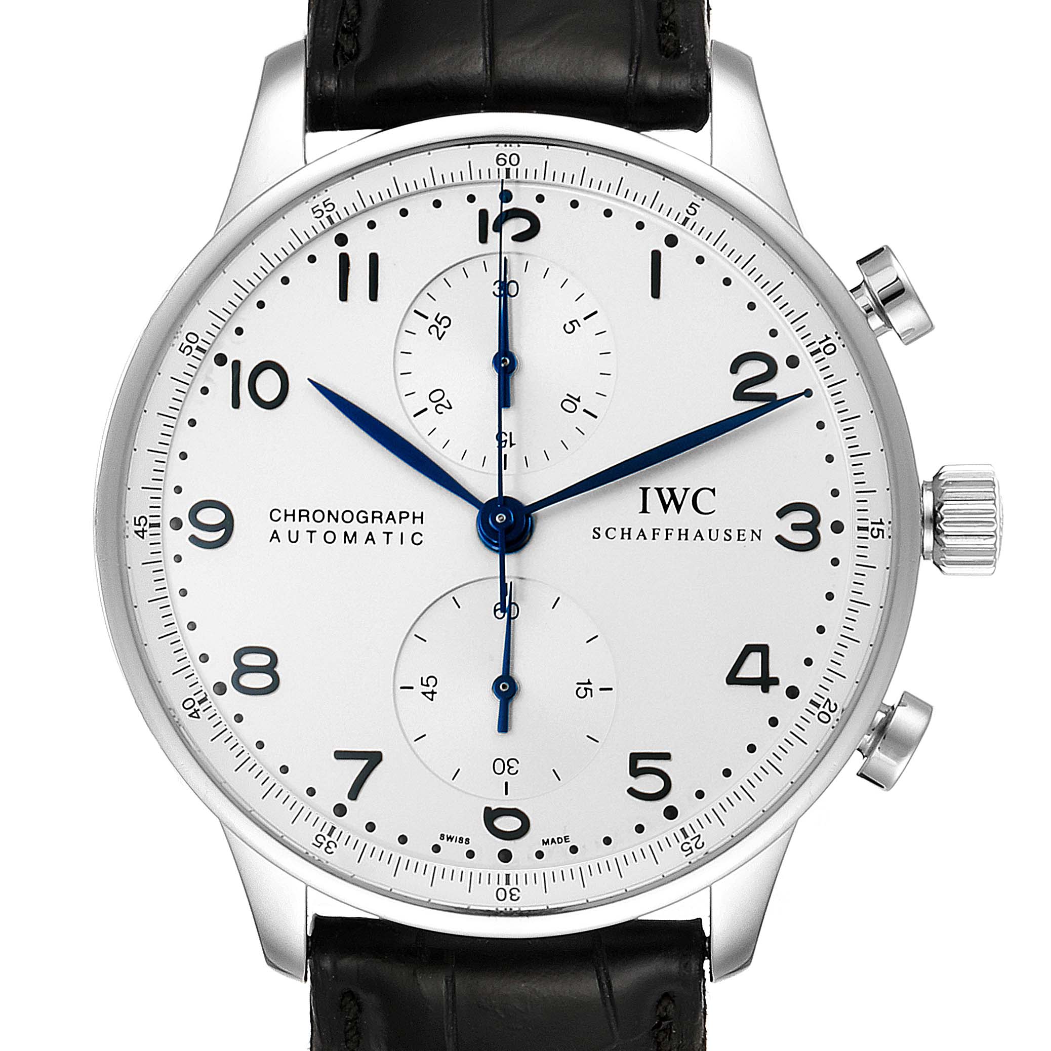 The image shows a front view of the IWC Portuguese IW371446 Men's Stainless Steel Silver Dial IW371446 Men's Stainless Steel Silver Dial Chronograph Automatic watch, displaying the dial, hands, and subdials.