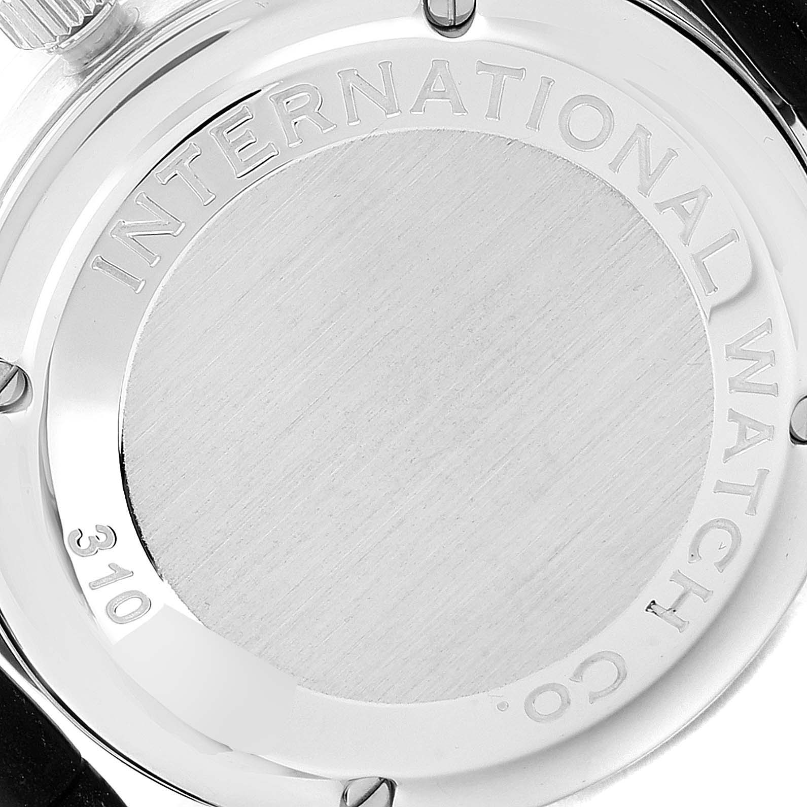 The image shows the stainless steel case back of an IWC Portuguese IW371446 Men's Stainless Steel Silver Dial IW371446 Men's Stainless Steel Silver Dial model watch with engraved text.