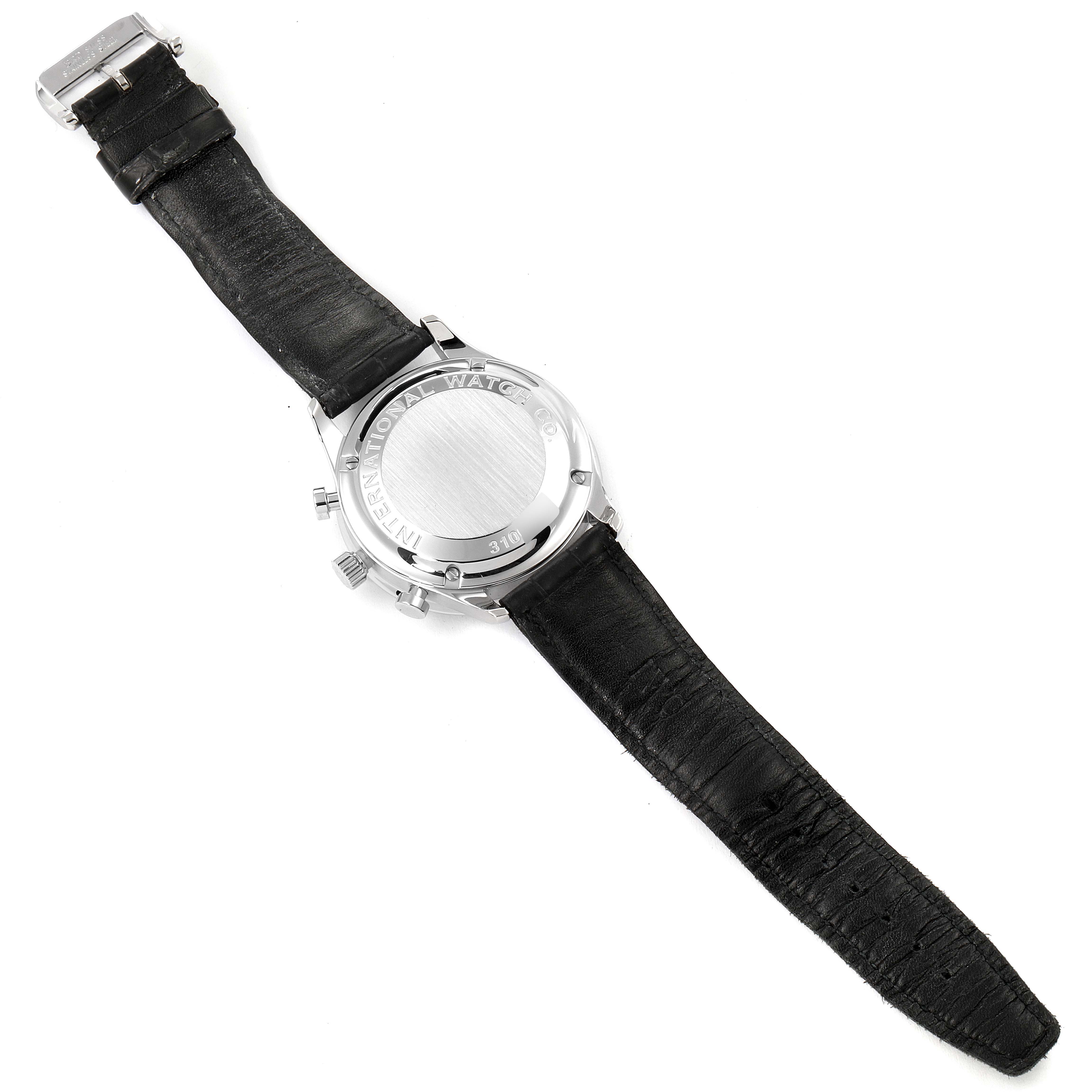 The image shows the back view of an IWC Portuguese IW371446 Men's Stainless Steel Silver Dial IW371446 Men's Stainless Steel Silver Dial watch, highlighting the case back and black leather strap.