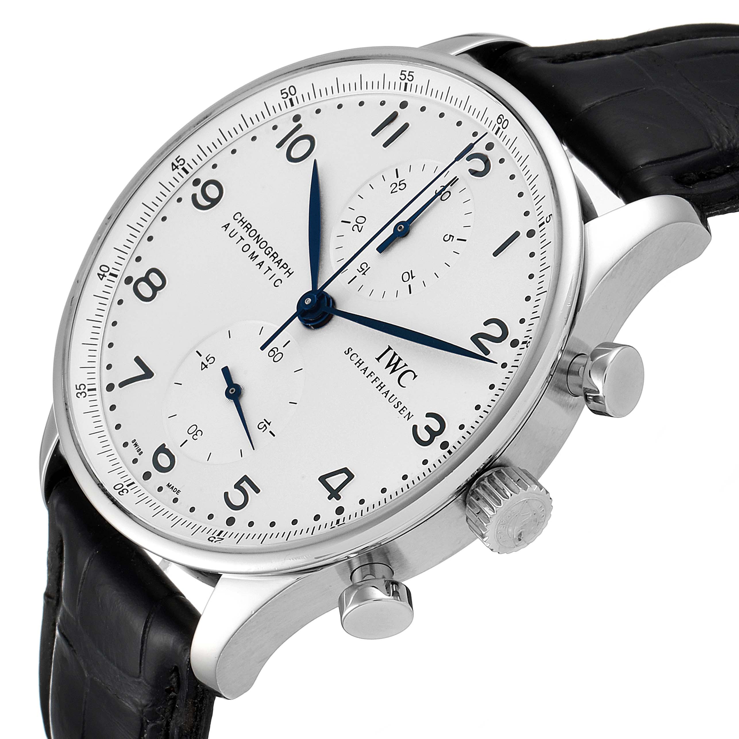 The image features an IWC Portuguese IW371446 Men's Stainless Steel Silver Dial IW371446 Men's Stainless Steel Silver Dial model watch shown at a slight angle, highlighting the dial, hands, crown, and pushers.