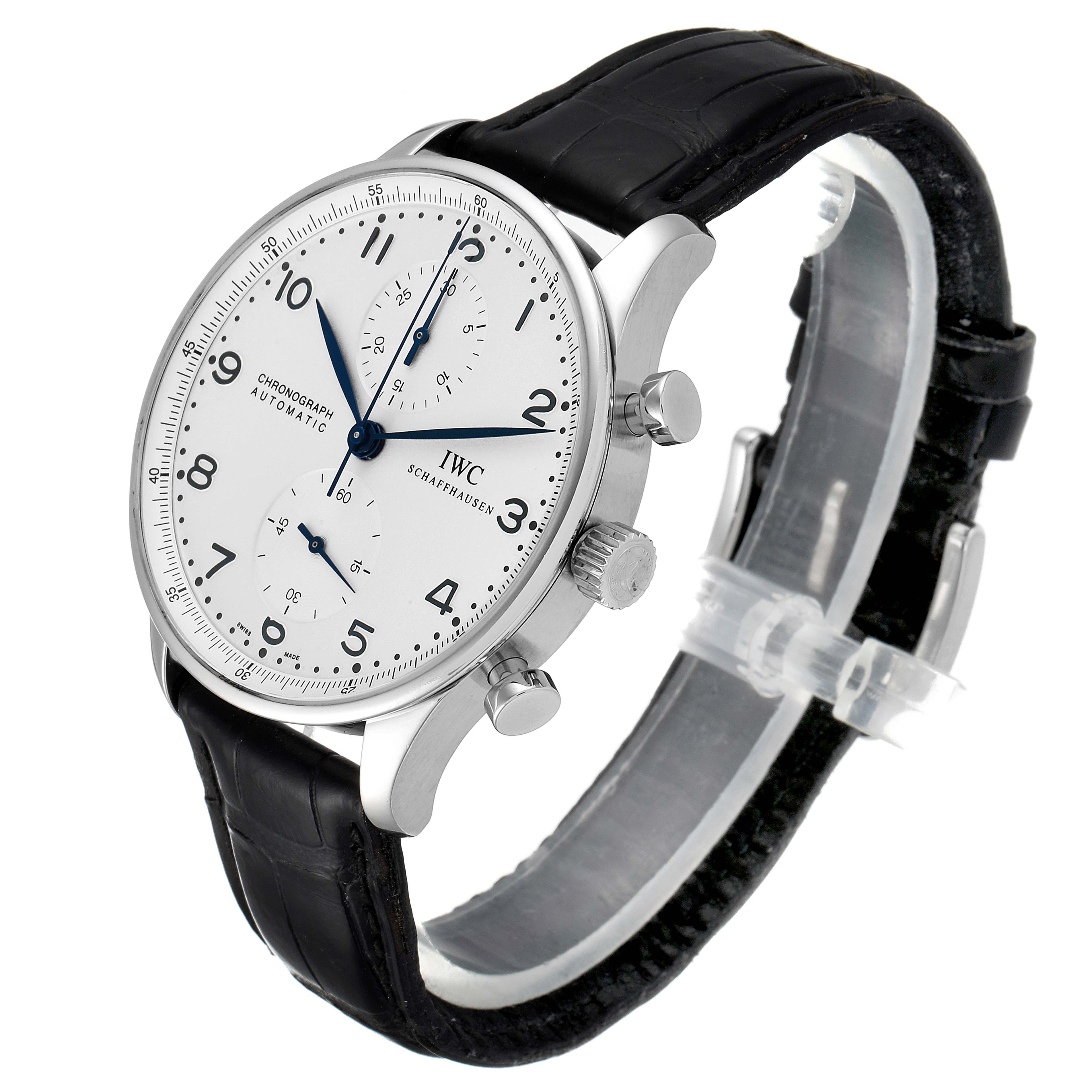 This image shows a side and front angle of an IWC Portuguese IW371446 Men's Stainless Steel Silver Dial IW371446 Men's Stainless Steel Silver Dial model watch, highlighting its dial, crown, pushers, and strap.