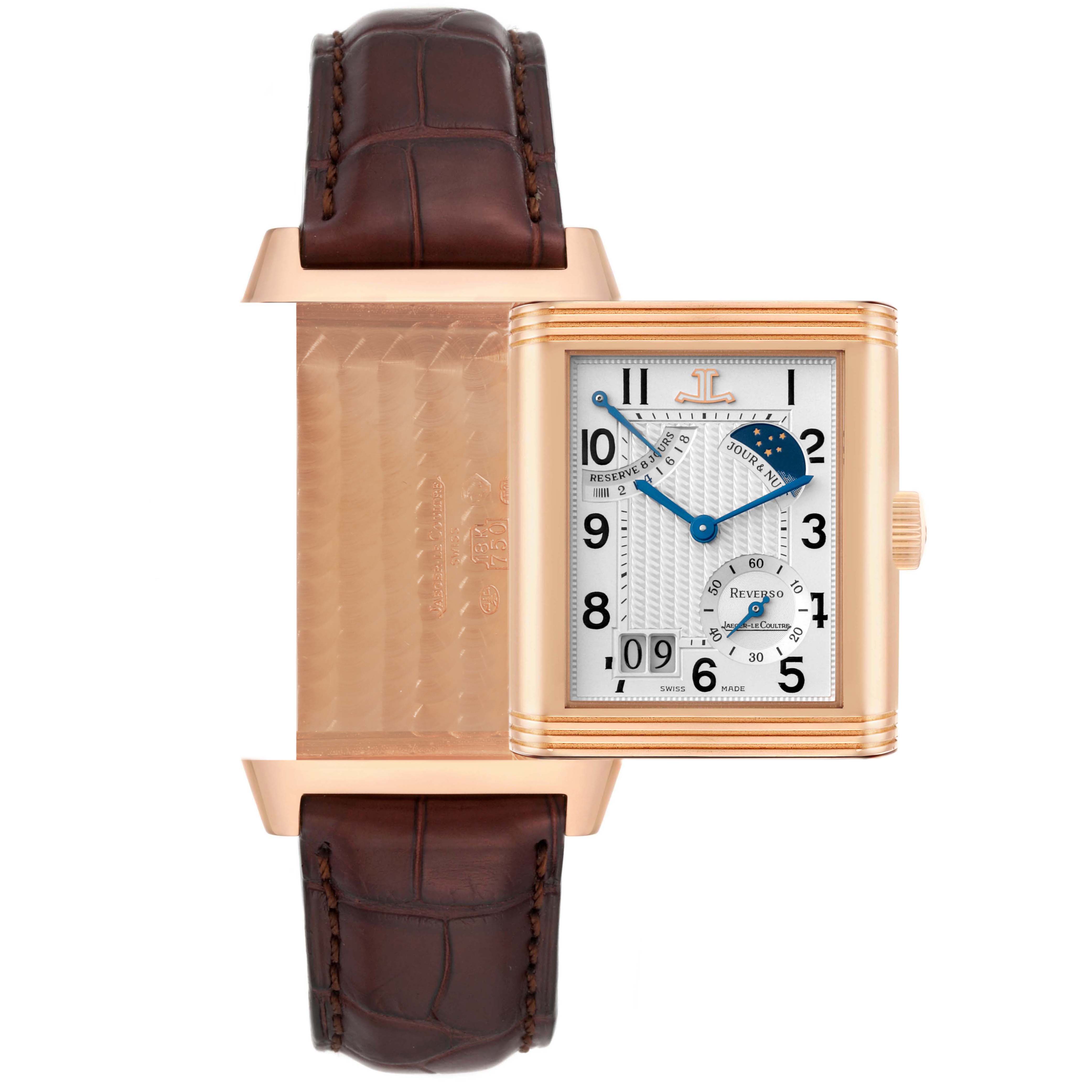 The image shows a Jaeger-LeCoultre Reverso watch, with the case swiveled to reveal the backside and the front dial.