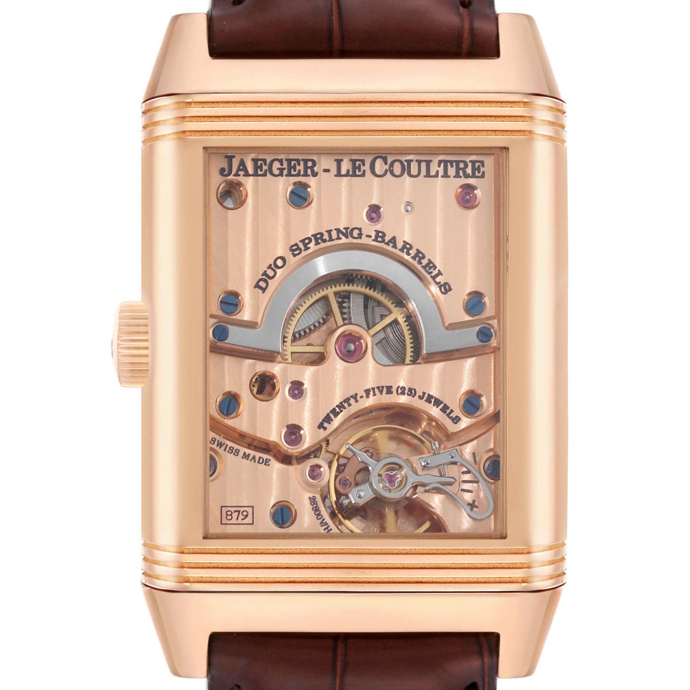 The image shows a front view of the Jaeger-LeCoultre Reverso model, highlighting its mechanical movement and components.