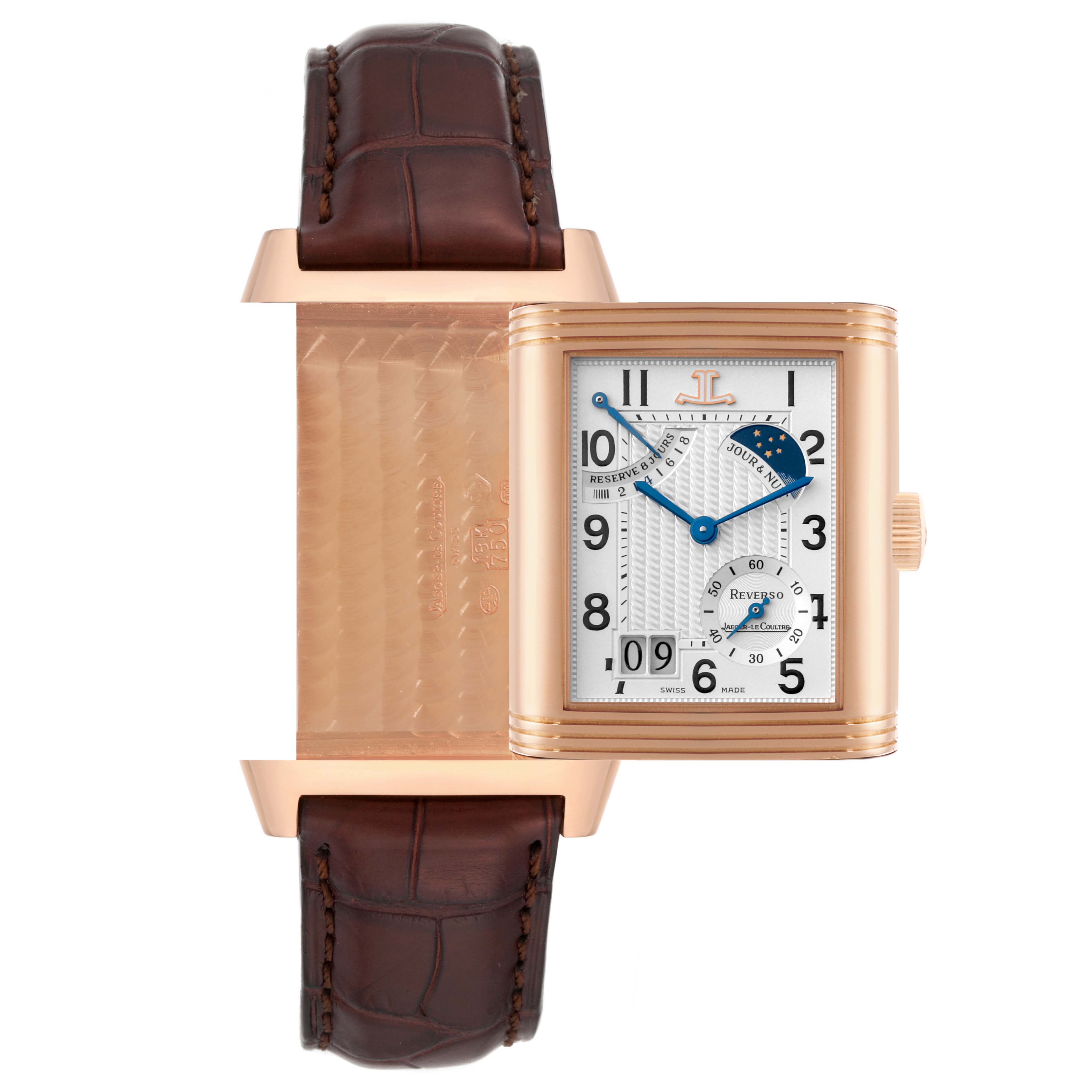 The image shows the Jaeger LeCoultre Reverso Q3002420 Men's Rose Gold Silver Dial model with both its face and reverse side visible, highlighting its rotating case feature.