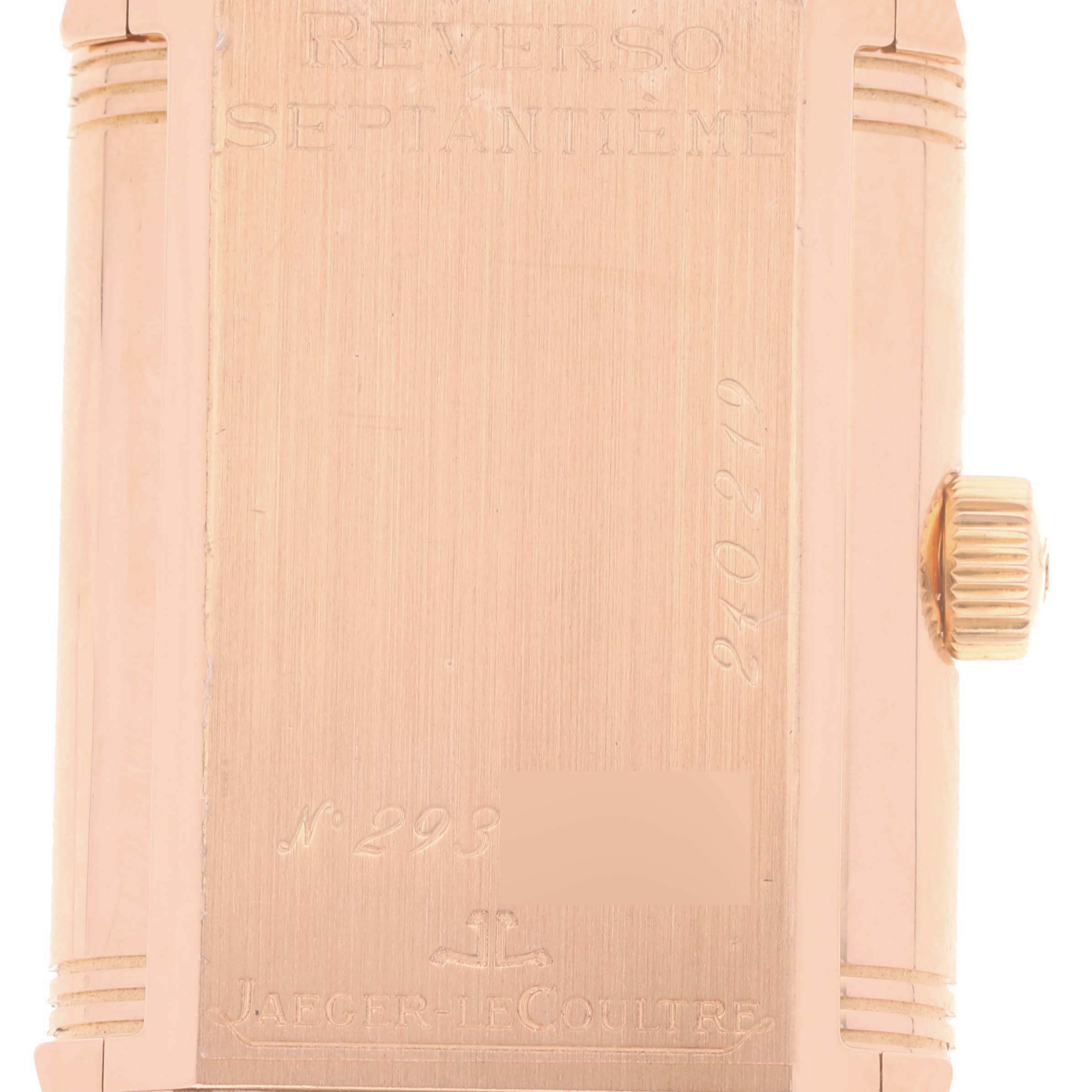 The image shows the back of a Jaeger LeCoultre Reverso Q3002420 Men's Rose Gold Silver Dial watch, highlighting the case and the crown on the side.