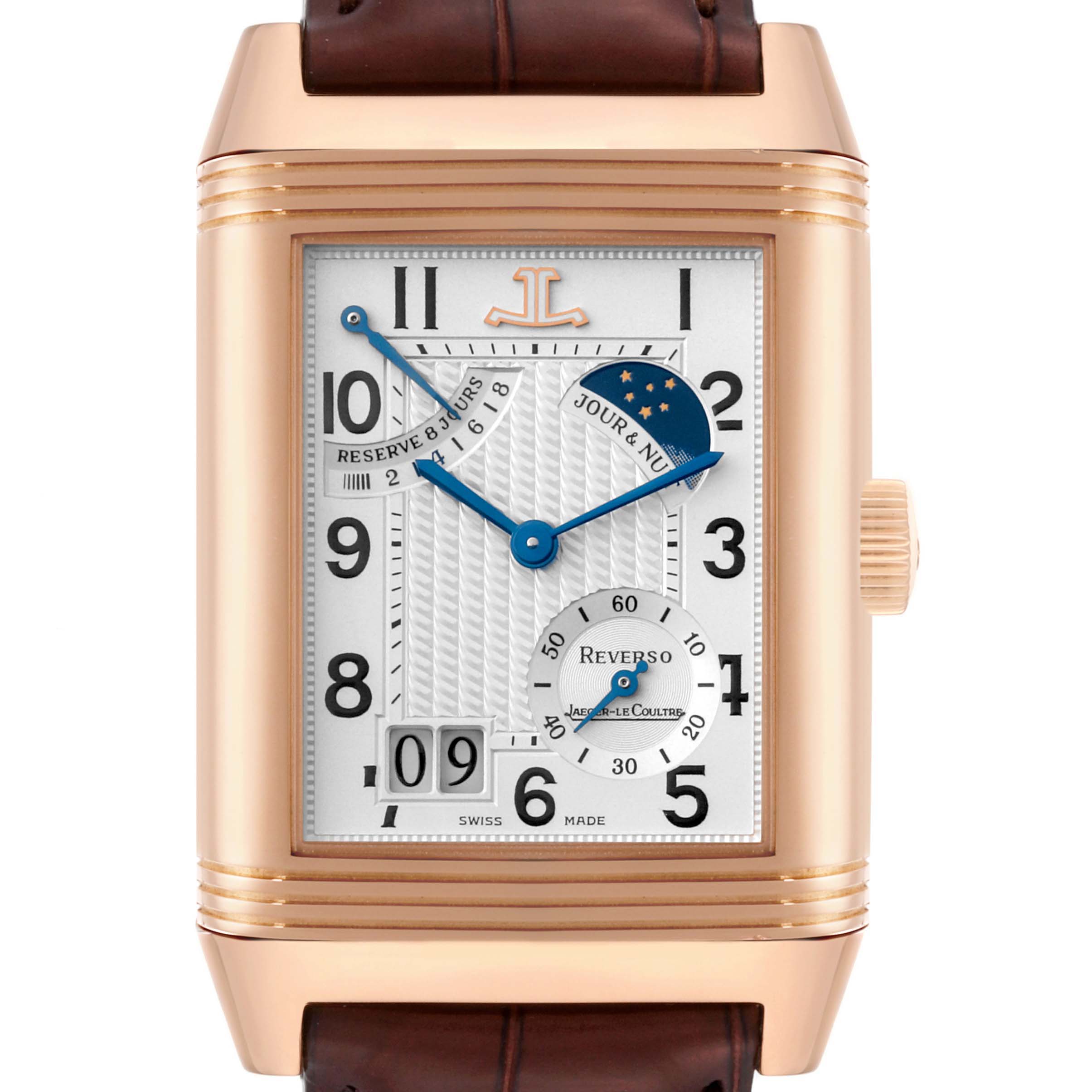 The Jaeger LeCoultre Reverso Q3002420 Men's Rose Gold Silver Dial watch is shown from the front, displaying the dial, hands, and complications like the moon phase.