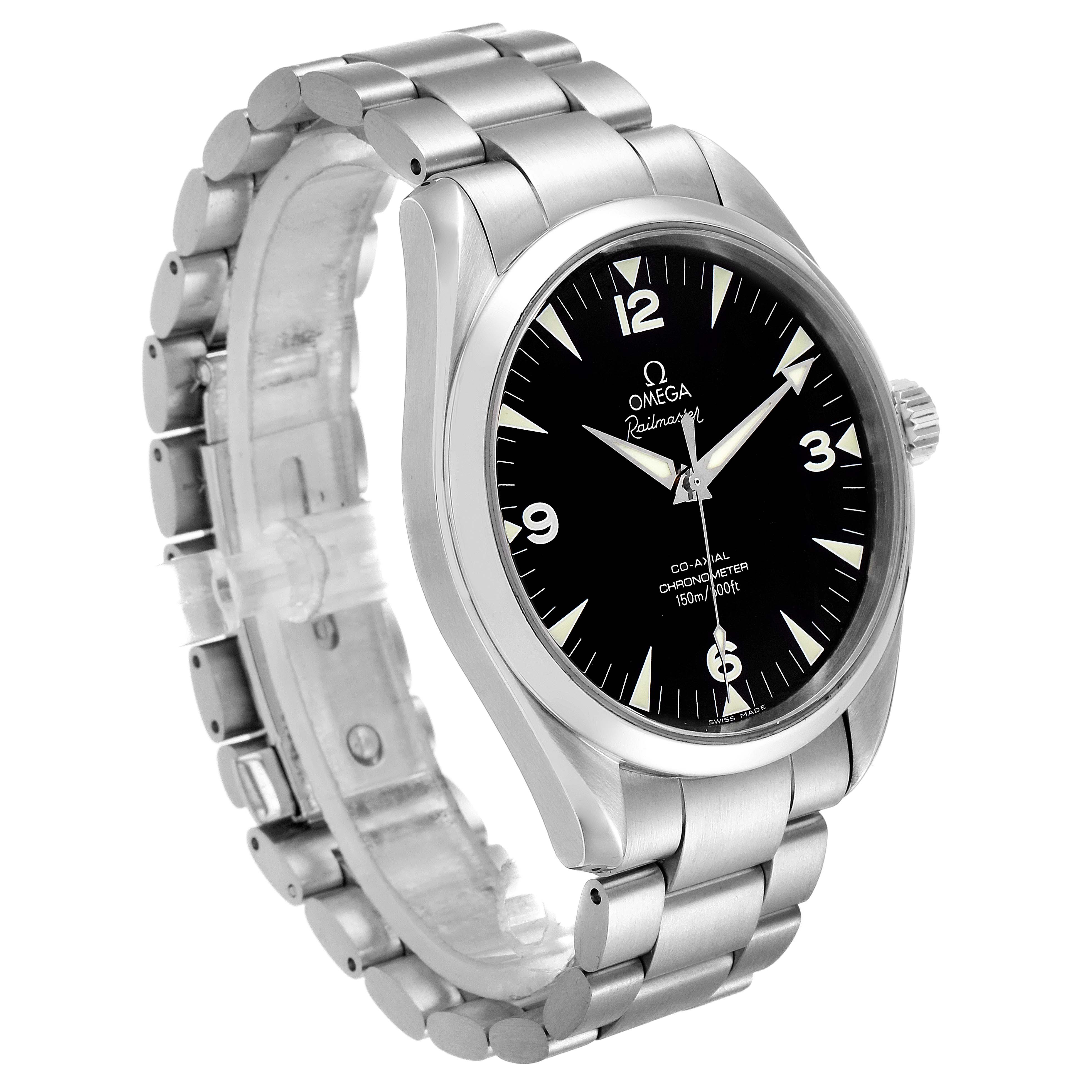 The image shows a three-quarter view of the Omega Aqua Terra 2503.52.00 Men's Stainless Steel Black Dial 2503.52.00 Men's Stainless Steel Black Dial Railmaster watch, highlighting the dial, bracelet, and crown.