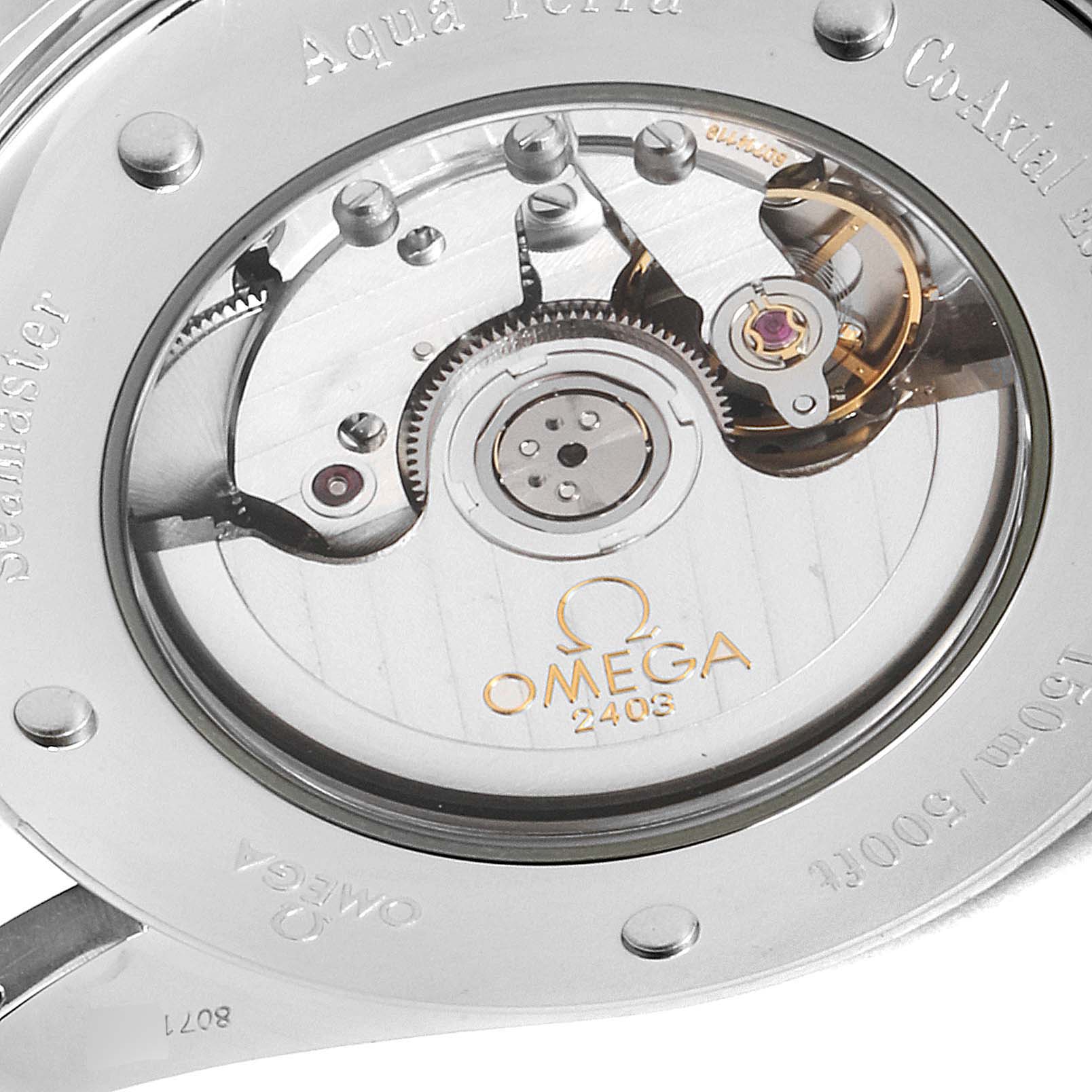 The image shows a close-up view of the case back and internal mechanism of the Omega Aqua Terra 2503.52.00 Men's Stainless Steel Black Dial 2503.52.00 Men's Stainless Steel Black Dial watch model.