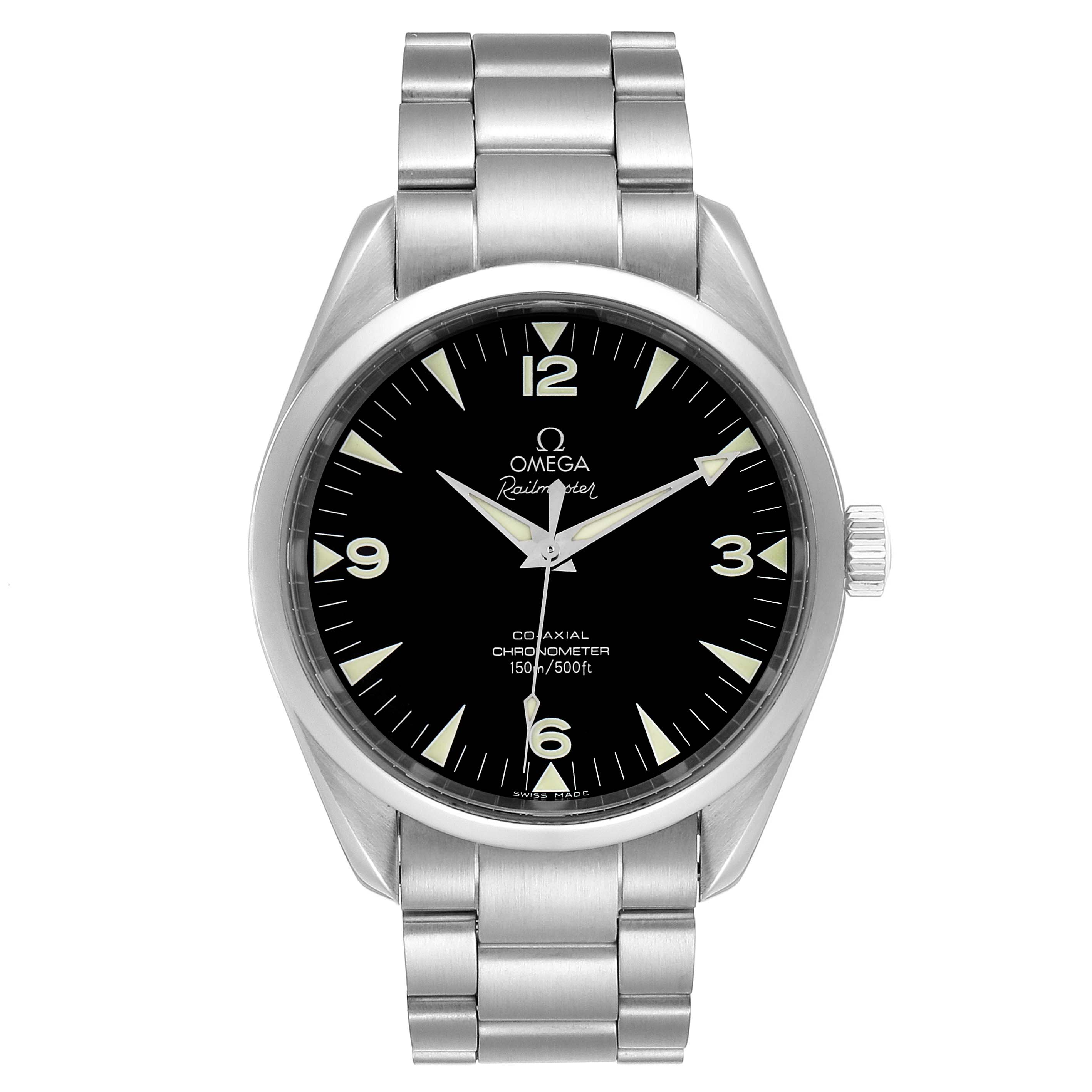 The image shows a front view of the Omega Aqua Terra 2503.52.00 Men's Stainless Steel Black Dial 2503.52.00 Men's Stainless Steel Black Dial watch, highlighting its black dial, silver hands, and metal bracelet.