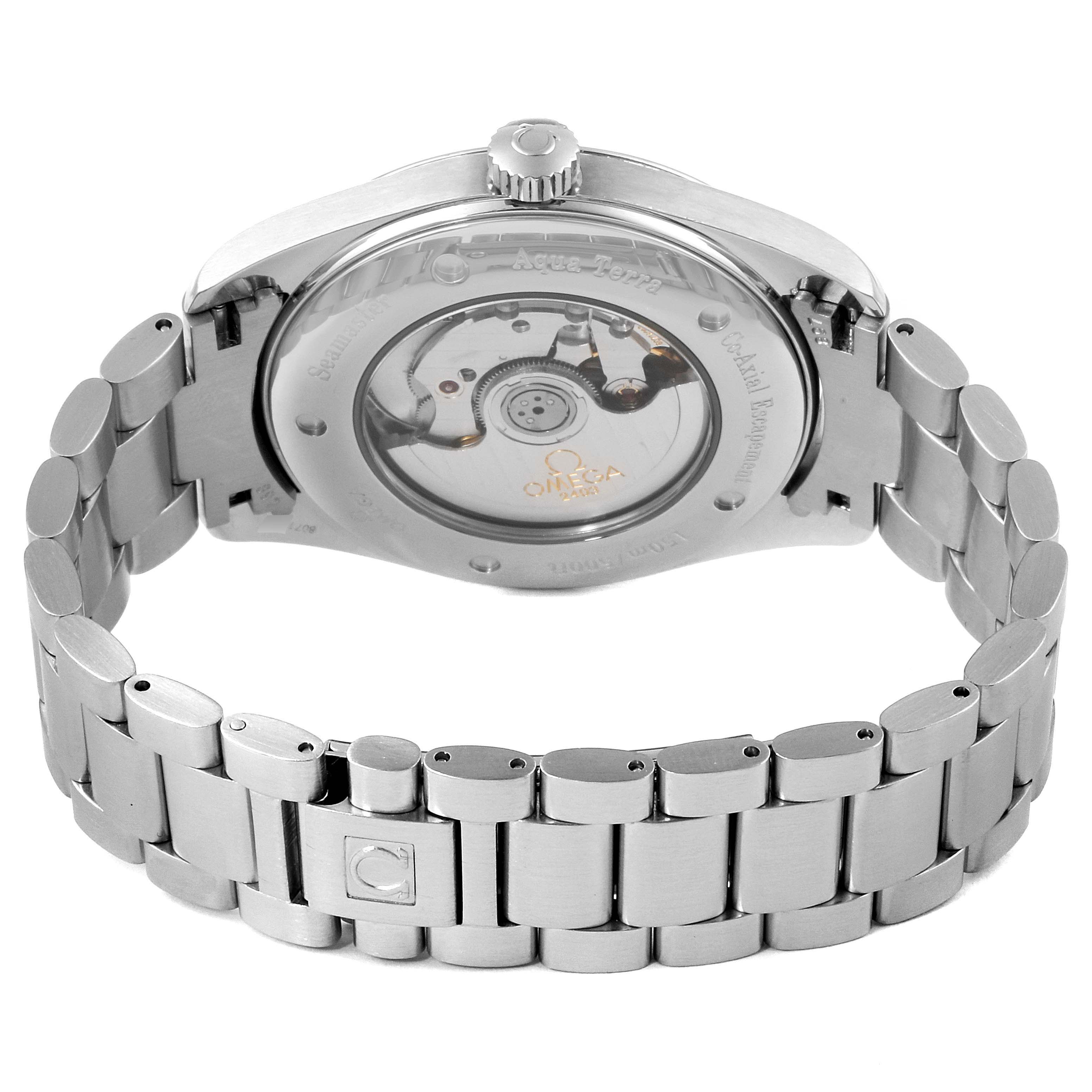 This image shows the back case and bracelet of the Omega Aqua Terra 2503.52.00 Men's Stainless Steel Black Dial 2503.52.00 Men's Stainless Steel Black Dial watch, highlighting its transparent case back and metal strap.