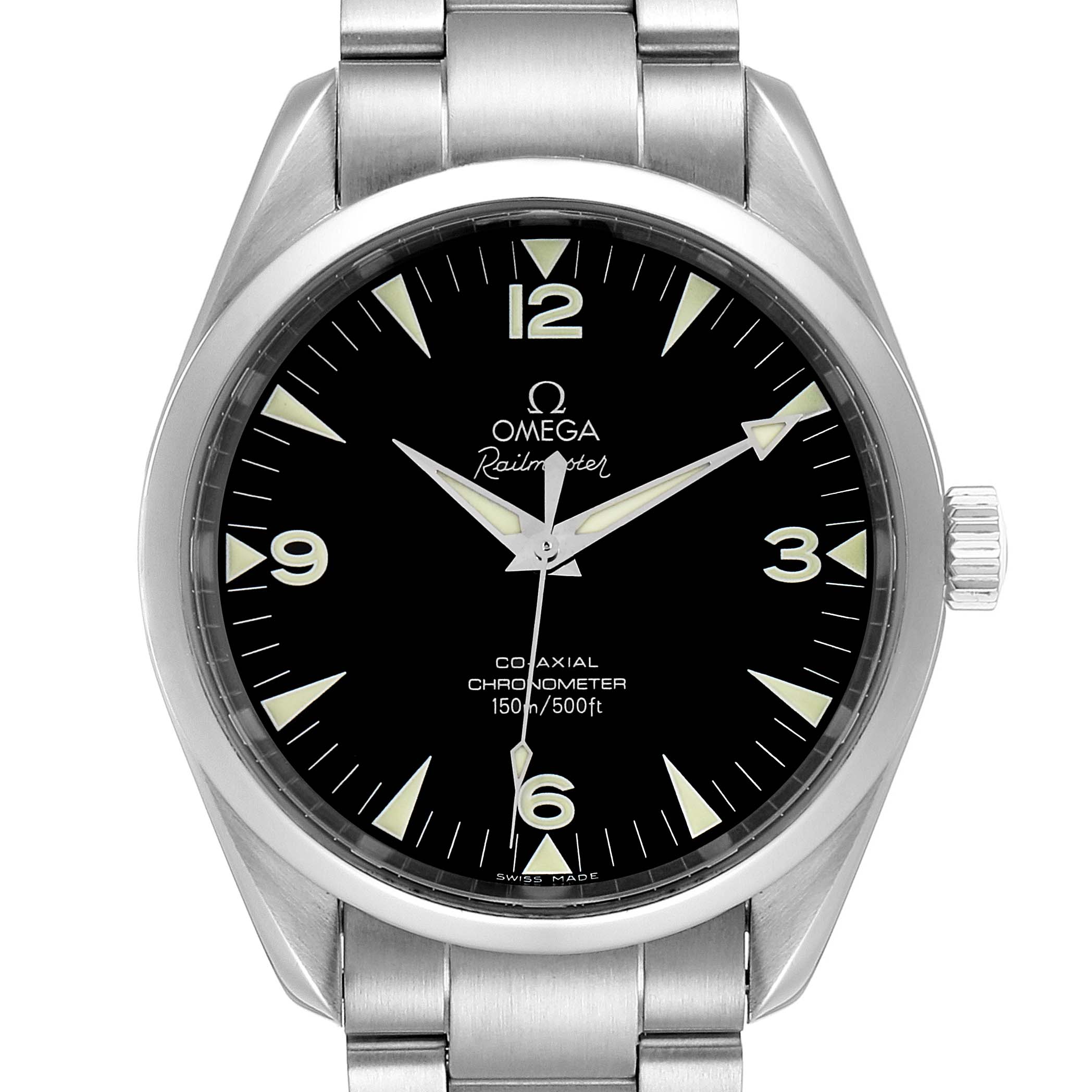 The image shows a front view of the Omega Aqua Terra 2503.52.00 Men's Stainless Steel Black Dial 2503.52.00 Men's Stainless Steel Black Dial watch displaying its dial and bracelet.