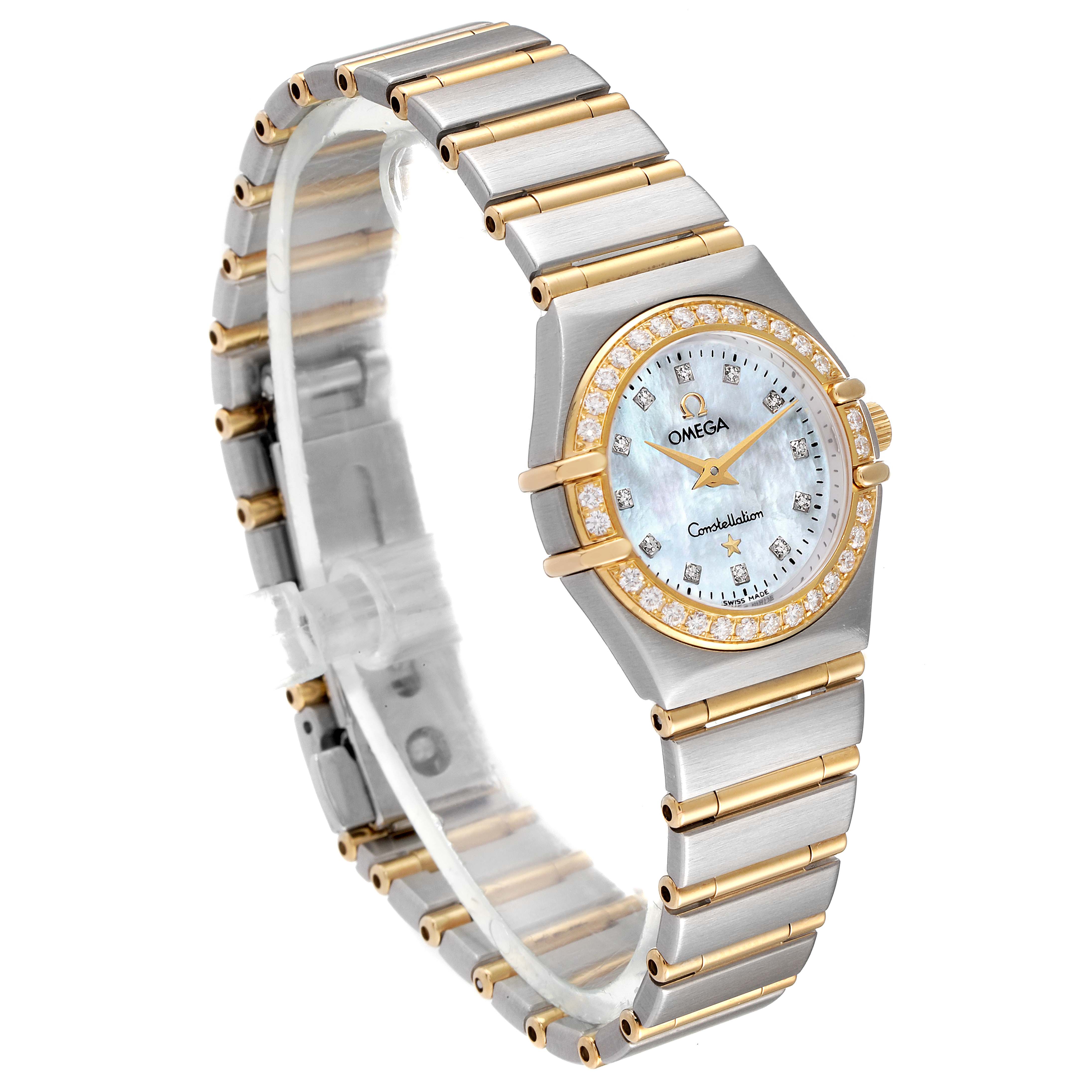 The image shows a side angle of an Omega 1267.75.00 Women's Steel and Gold (two tone) Mother of Pearl Dial 1267.75.00 Women's Steel and Gold (two tone) Mother of Pearl Dial Constellation 95 Mother of Pearl Diamond Watch 1267.75.00, highlighting the face and bracelet.