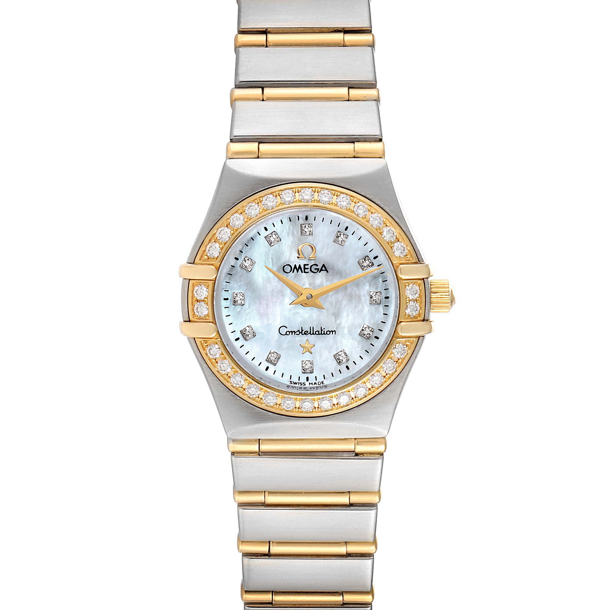 This image shows the front view of the Omega 1267.75.00 Women's Steel and Gold (two tone) Mother of Pearl Dial 1267.75.00 Women's Steel and Gold (two tone) Mother of Pearl Dial Constellation 95 Mother of Pearl Diamond Watch 1267.75.00, highlighting its face, bezel, and bracelet.