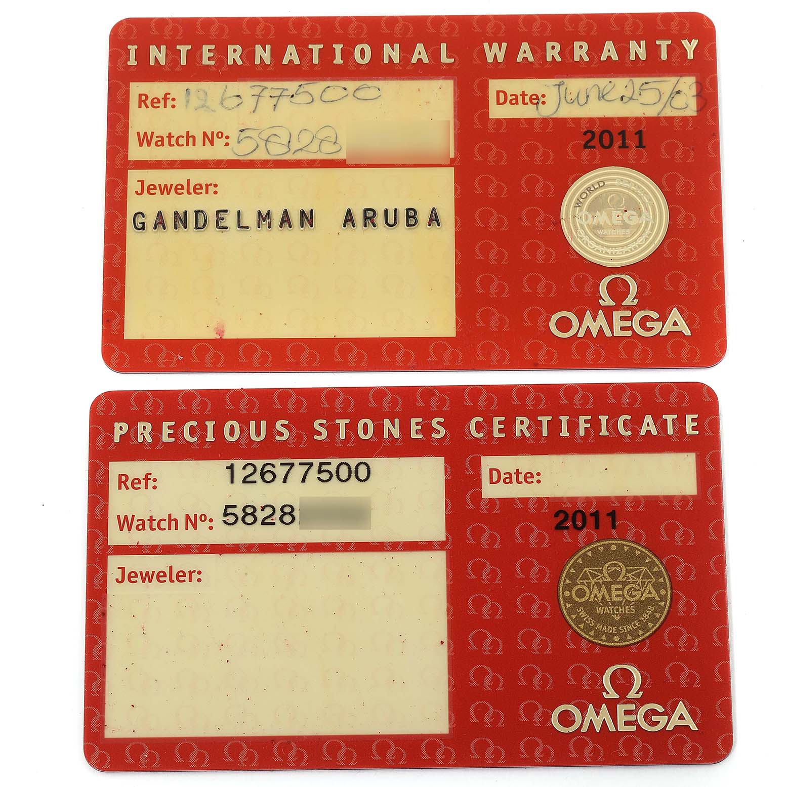 The image shows the International Warranty and Precious Stones Certificate cards for the Omega 1267.75.00 Women's Steel and Gold (two tone) Mother of Pearl Dial 1267.75.00 Women's Steel and Gold (two tone) Mother of Pearl Dial Constellation 95 Mother of Pearl Diamond Watch 1267.75.00.