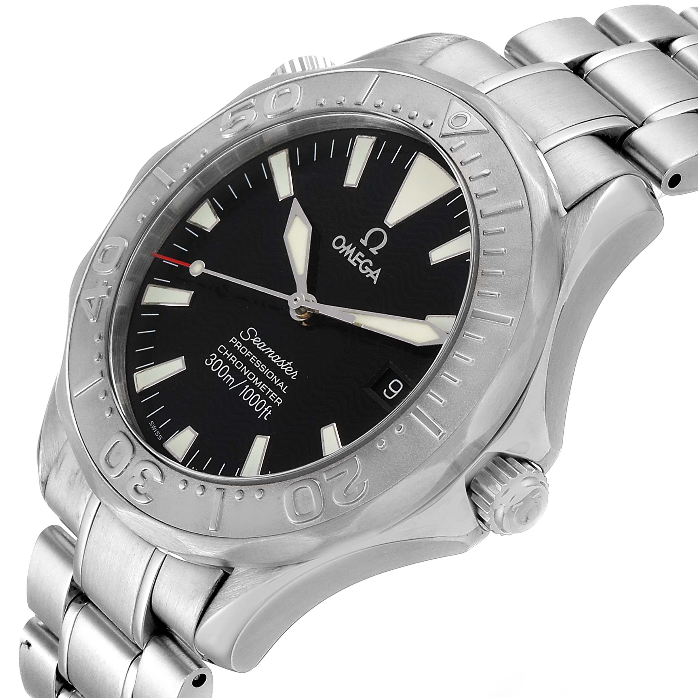 The image shows an angled view of the Omega Seamaster 2230.50.00 Men
s Stainless Steel Black Dial 2230.50.00 Men
s Stainless Steel Black Dial watch, highlighting its face, bezel, and part of the bracelet.