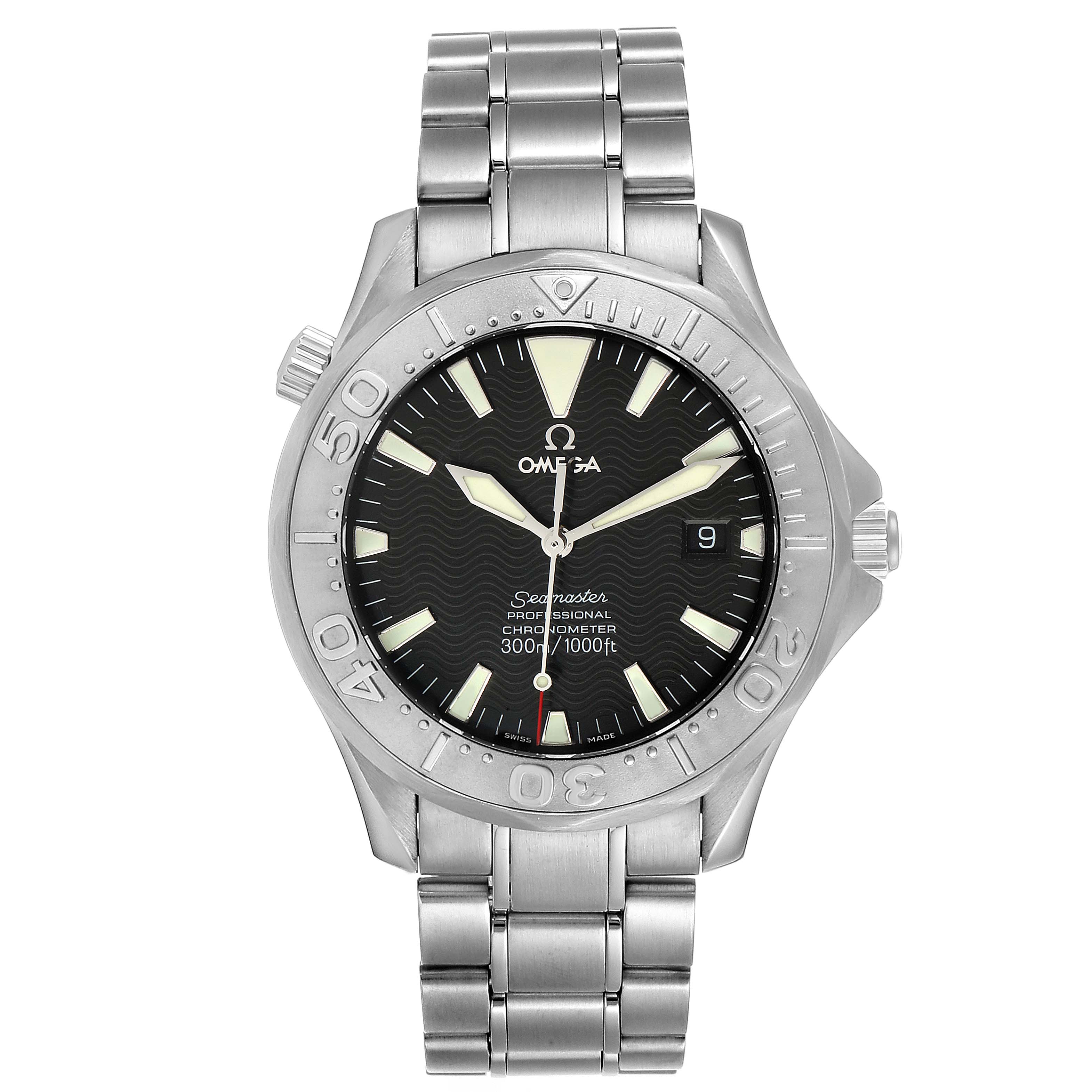 The Omega Seamaster 2230.50.00 Men
s Stainless Steel Black Dial 2230.50.00 Men
s Stainless Steel Black Dial watch is shown from a front angle, displaying its face, bezel, and stainless steel bracelet.