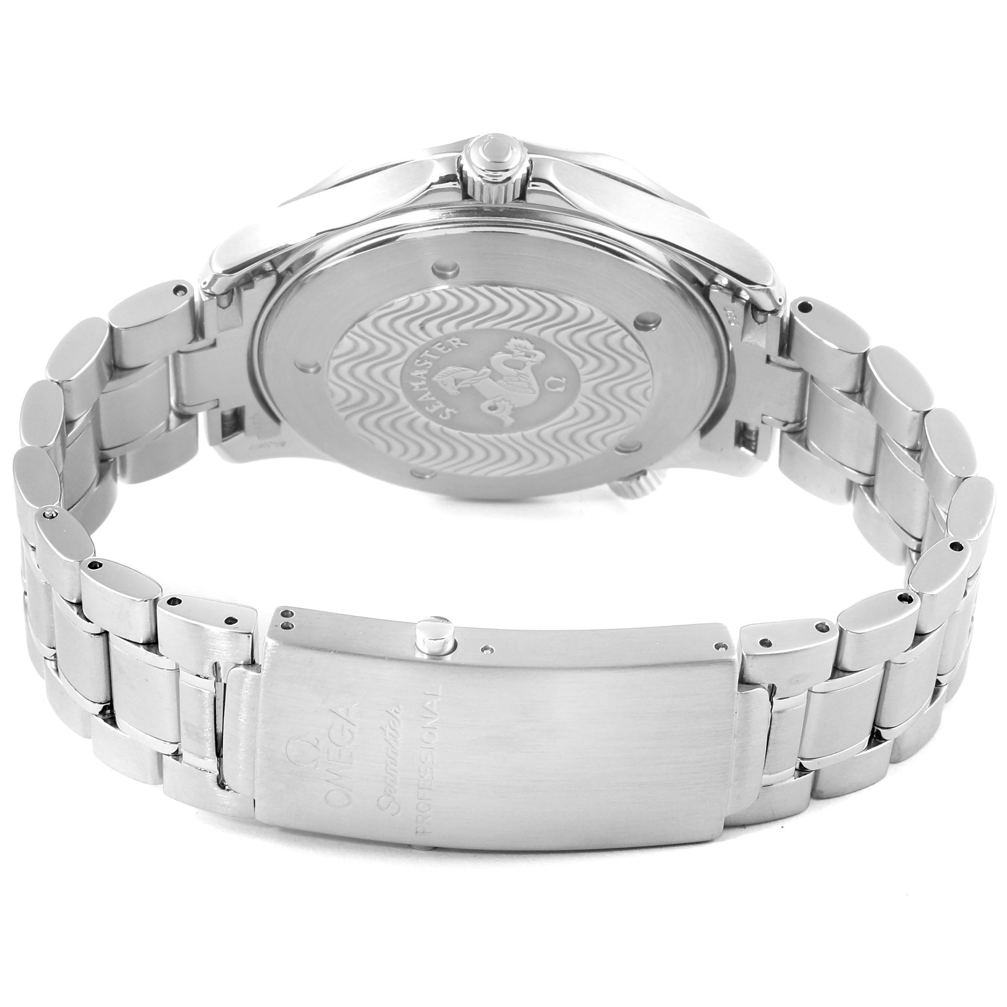 The image shows the back case and stainless steel bracelet of the Omega Seamaster 2230.50.00 Men
s Stainless Steel Black Dial 2230.50.00 Men
s Stainless Steel Black Dial watch.