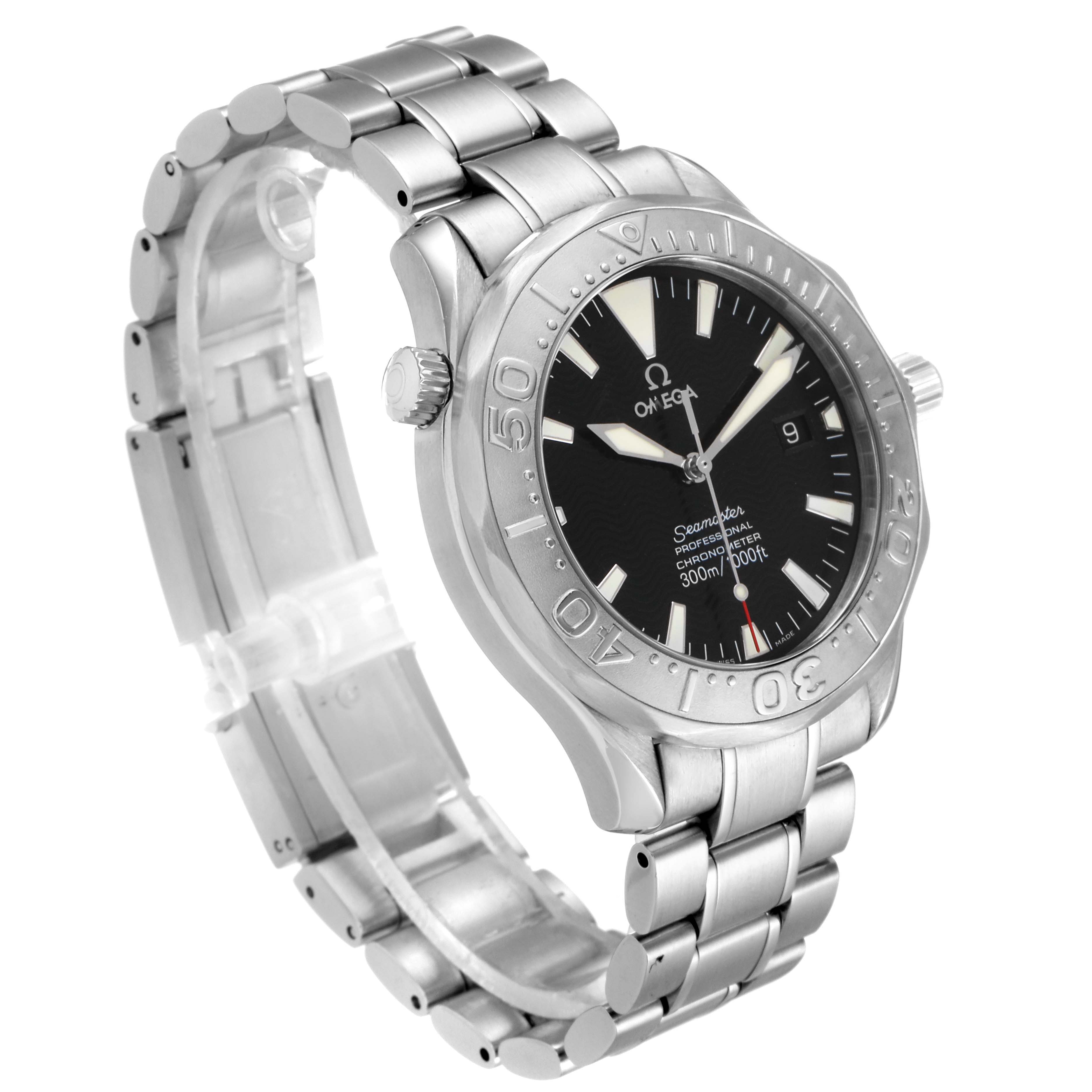 The Omega Seamaster 2230.50.00 Men
s Stainless Steel Black Dial 2230.50.00 Men
s Stainless Steel Black Dial watch is shown from an angled side view, highlighting its face, bezel, crown, and metal bracelet.