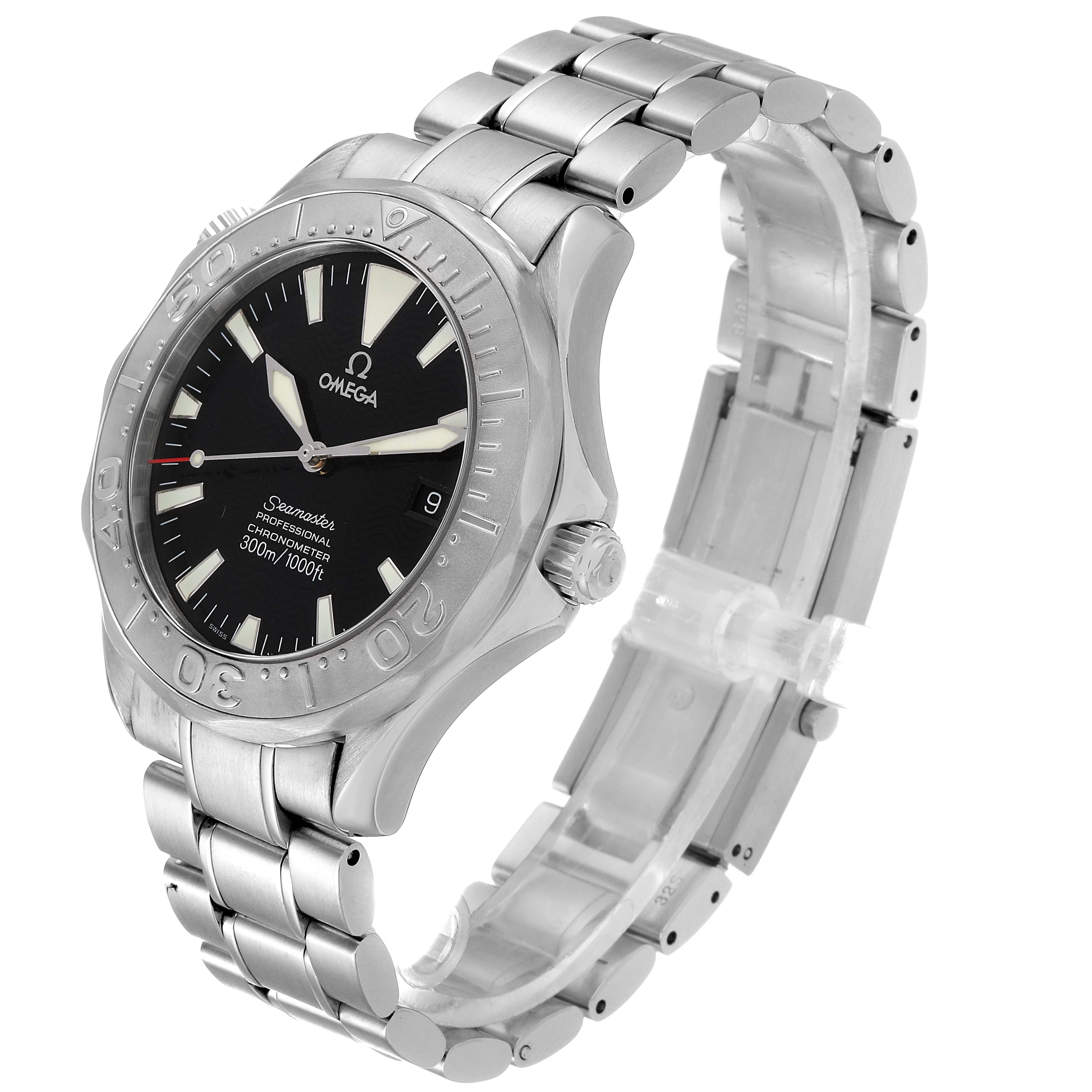 The Omega Seamaster 2230.50.00 Men
s Stainless Steel Black Dial 2230.50.00 Men
s Stainless Steel Black Dial watch is shown at a three-quarter angle, highlighting the face, bezel, case, and part of the bracelet.